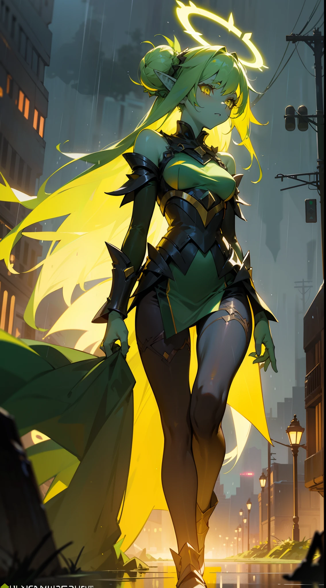 1girl,solo,((green skin,colored skin)),medium breasts,green hair,long hair,double bun,elf ears,yellow eyes, empress of nature dress,black pantyhose,(((yellow halo))),(walking in night abandoned city), night,rain,raining