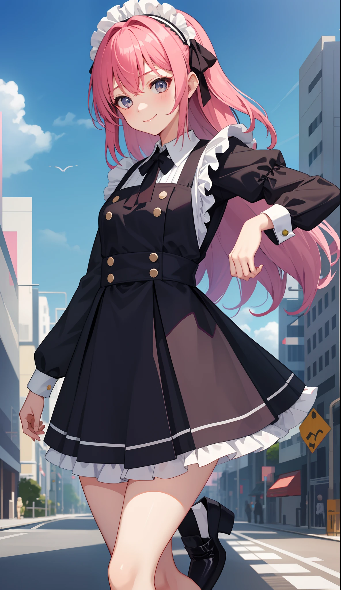 1girl in、AS-Adult、A smile、The shirt、skirt by the、pantiy、(small tits)、doress、pinafore、Hair decoration、(Maid costume)、Walking with a thigh、Upper body portrait、