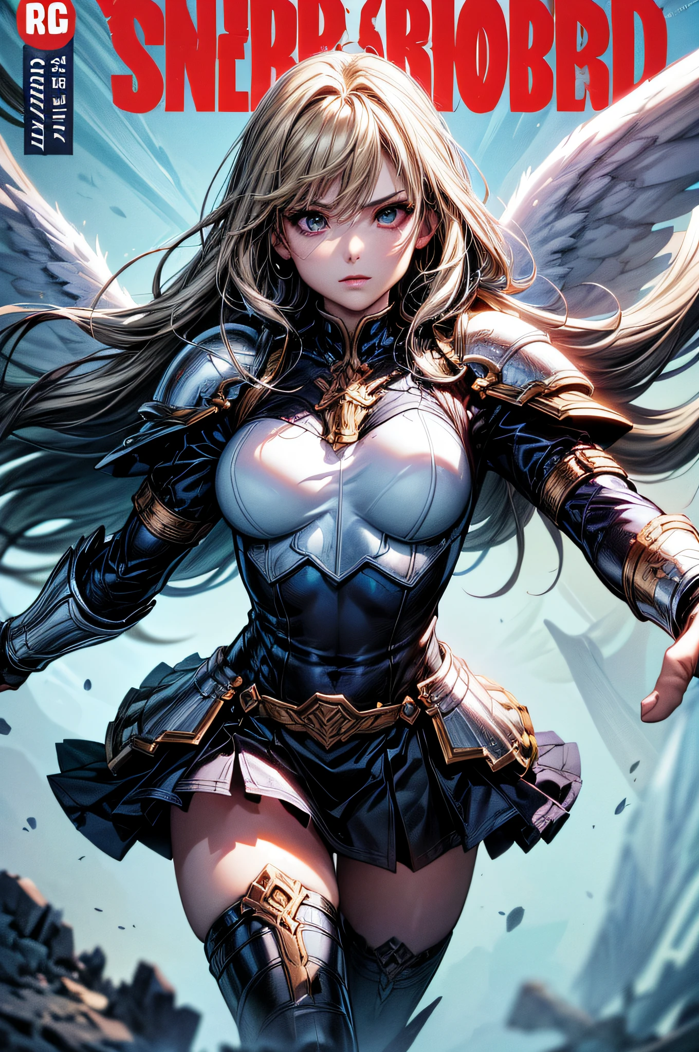 (Comic book cover art: 1.5), an female archangel prepared for battle, an extremally beautiful warrior angel, ultra feminine, long hair, blond hair, braided hair, wearing divine heavy armor, (white armor: 1.2), (angel wings: 1.2) spread, aremed with fantasysword sword, sword covered with blue fire, 16k, RAW, ultra wide shot, photorealism, depth of field, hyper realistic, 2.5 rendering, comic cover