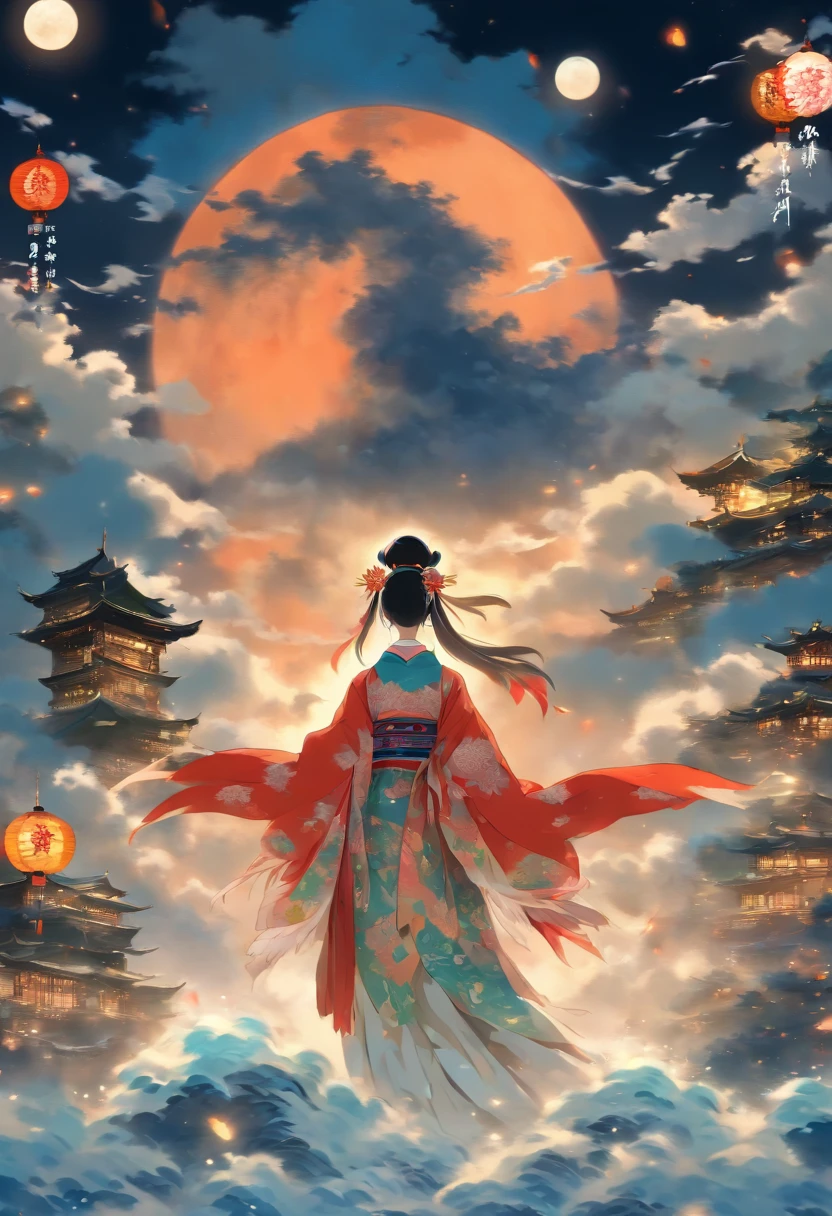 princess, feather cloak, lunar entourage, feudal Japan, night, full moon in the background, camera from the back, Shui Mo Hua, lotus, Chinese painting style, Thangka style, ((( masterpiece))), lunar light, (((depth of field))), (((best quality)))