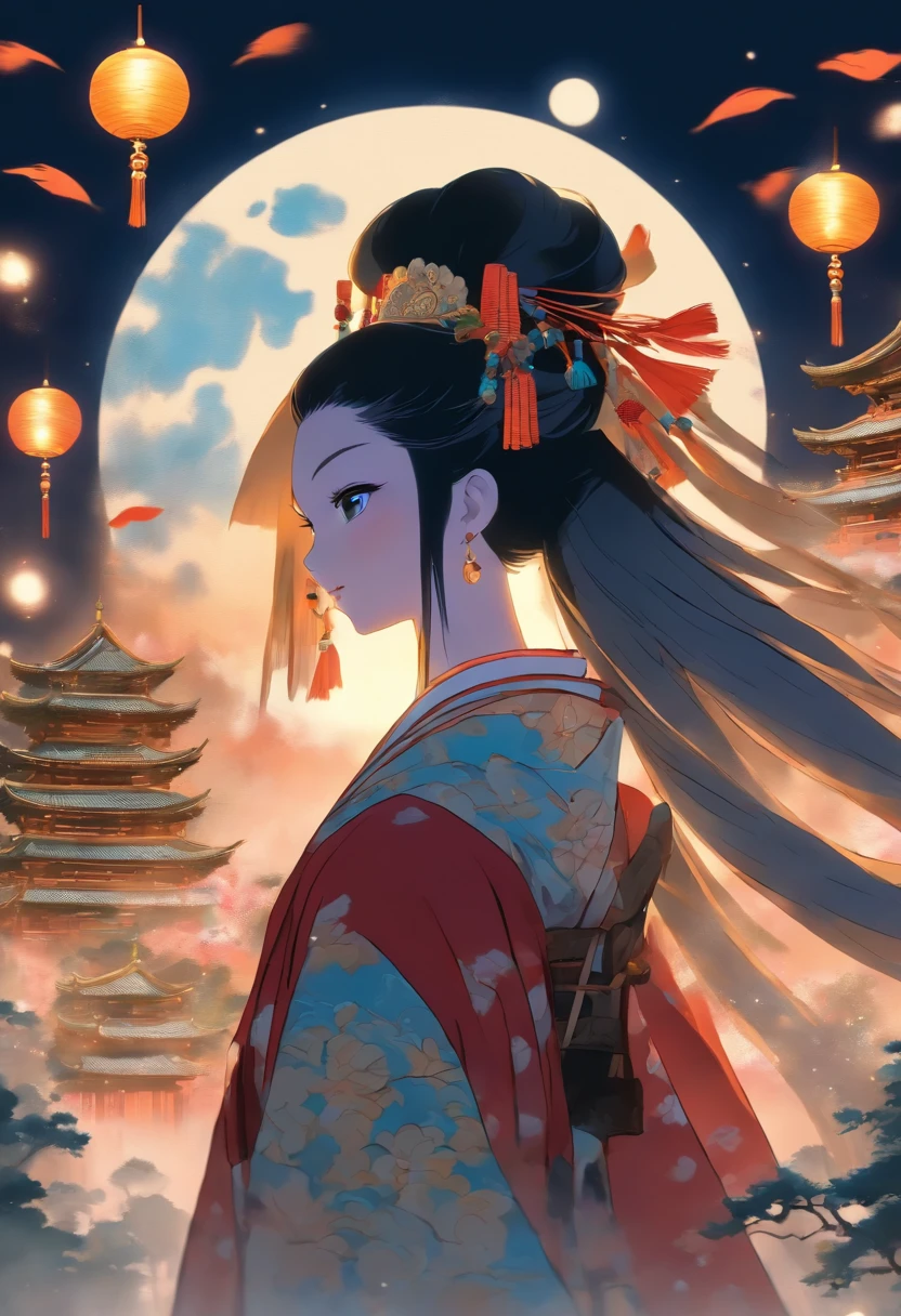 princess, feather cloak, lunar entourage, feudal Japan, night, full moon in the background, camera from the back, Shui Mo Hua, lotus, Chinese painting style, Thangka style, ((( masterpiece))), lunar light, (((depth of field))), (((best quality)))