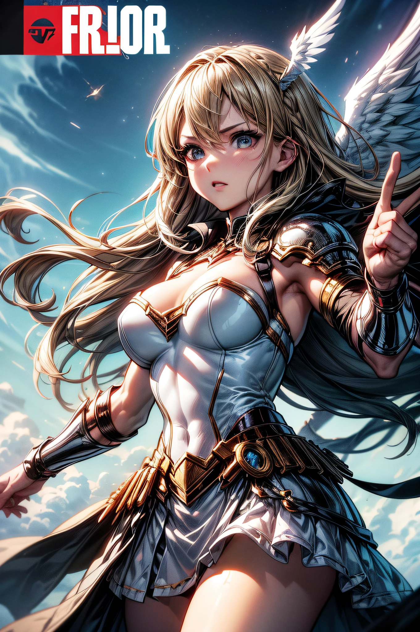 (Comic book cover art: 1.5), an female archangel prepared for battle, an extremally beautiful warrior angel, ultra feminine, long hair, blond hair, braided hair, wearing divine heavy armor, (white armor: 1.2), (angel wings: 1.2) spread, aremed with fantasysword sword, sword covered with blue fire, 16k, RAW, ultra wide shot, photorealism, depth of field, hyper realistic, 2.5 rendering, comic cover