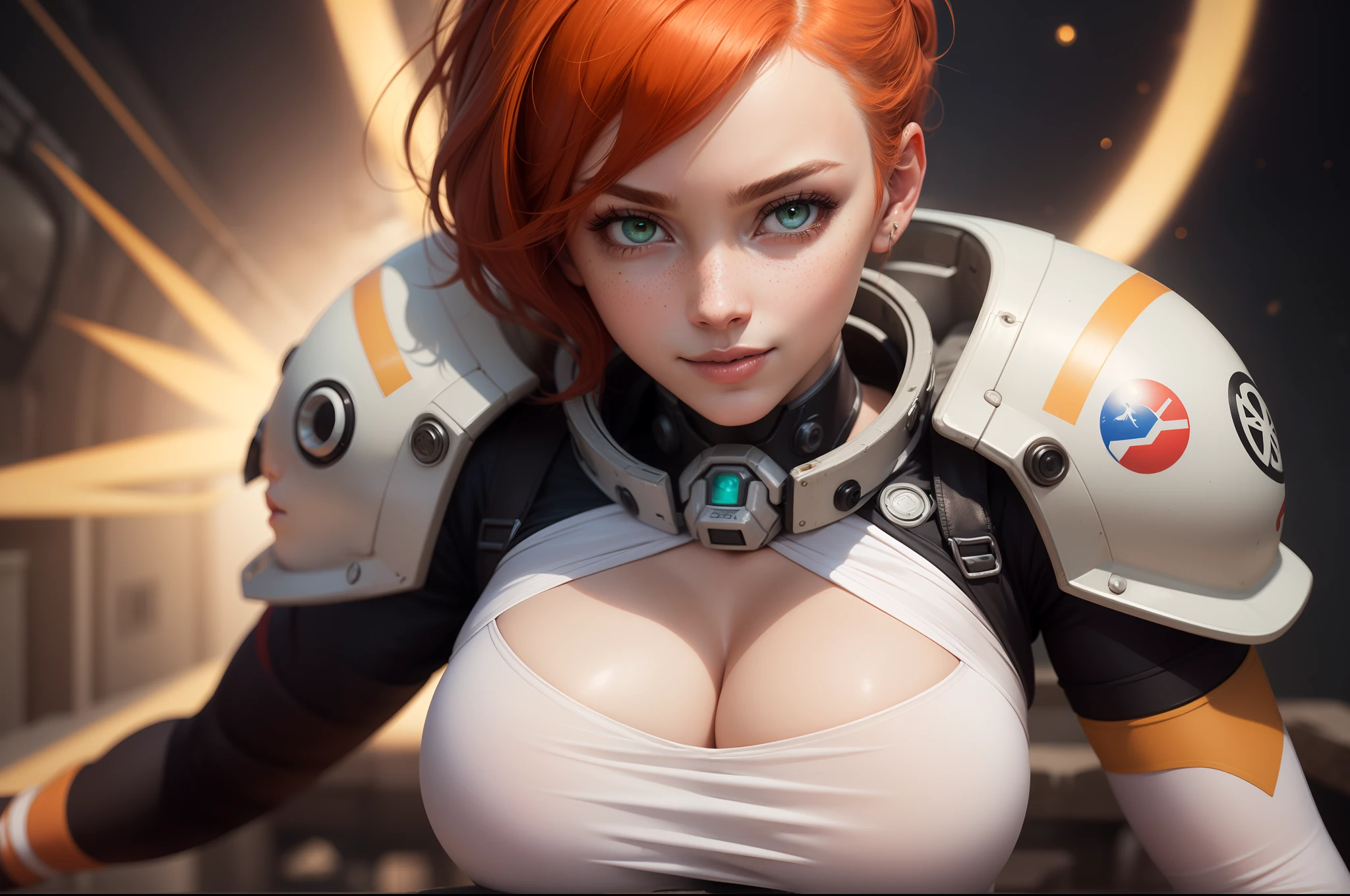 gwen tennyson,tracer,samus,rebecca chambers,overwatch,gundam,1girl,close up,mecha pilot,space port,mecha space suit,space marine,pirate corset, white long sleeve lycra top,white leggings,short hair,war makeup,green eyes,orange hair,purple highlights,shy smile,freckles,redhead,beautiful girl,large breasts,ultra detailed,realistic,fantasy art,
