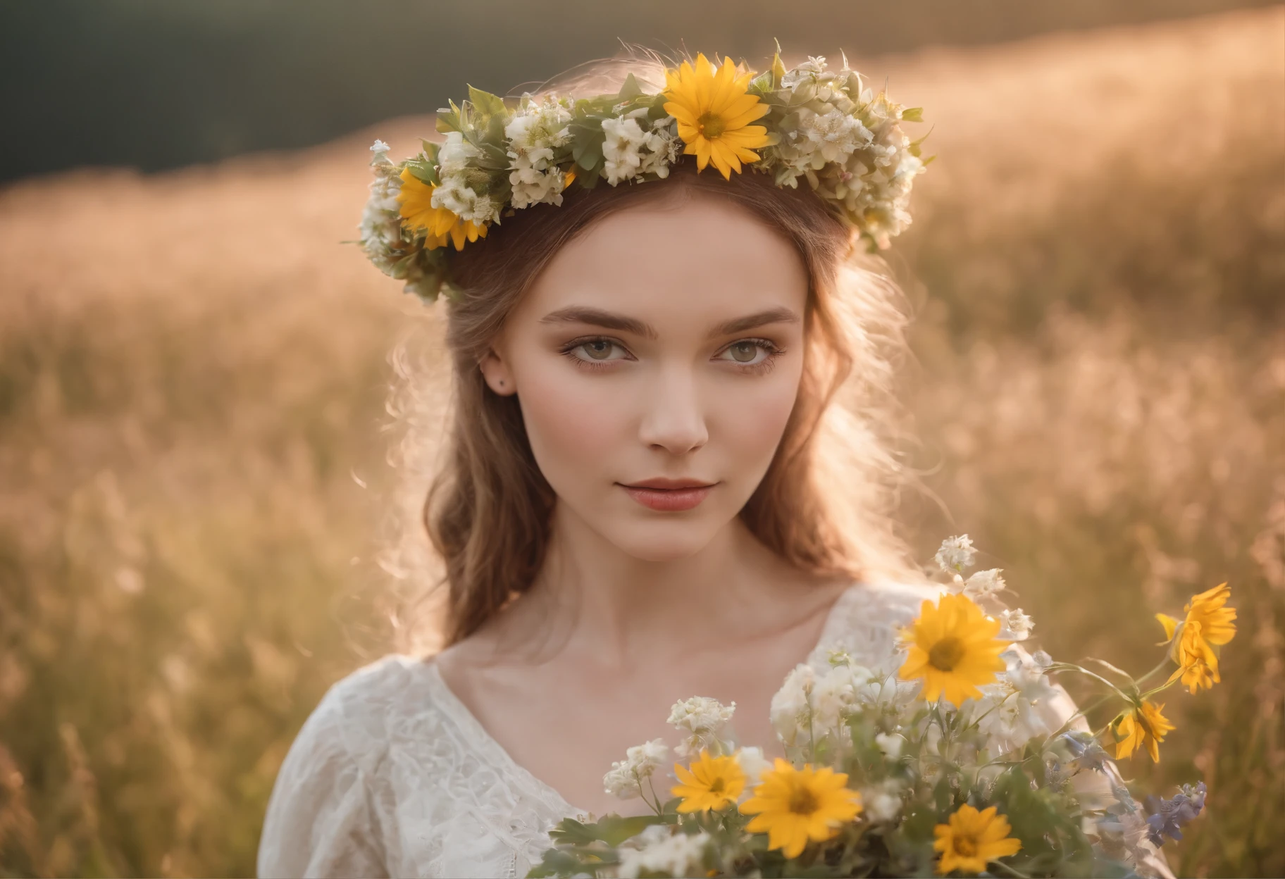 A beautiful girl of Slavic beauty in a meadow full of flowers in the Bieszczady mountains at sunset with a wreath of flowers on her head