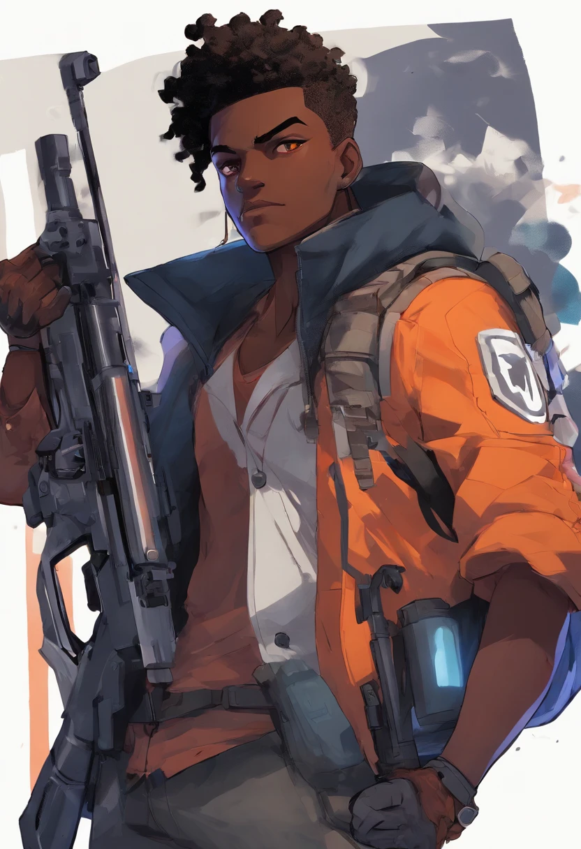 A closeup of a dark-skinned ager holding a sniper rifle, a blue and white jacket with the number 49 on the front, luvas vermelhas, Dark gray pants and selver boots, um hulster que abriga uma pistola. Personagem afro-americano em Overwatch , olhos amarelos escuros, Crew Cut hairstyle, tiro de close-up de meio corpo, personagem masculino, only one, cabelo espinhoso