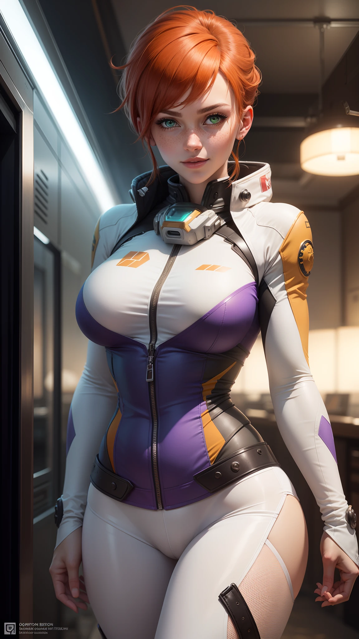 gwen tennyson,1girl,tracer,d.va,rebecca chambers,overwatch,gundam,close up,mecha pilot,game room,white and rose plugsuit,hair pin,pirate corset,white long sleeve lycra top,orange leggings,short hair,cute makeup,green eyes,orange hair with highlights,shy smile,freckles, redhead,beautiful girl,large breasts,ultra detailed,realistic,fantasy art,cat gaming headset,pilot jacket,gaming chair,sitting,