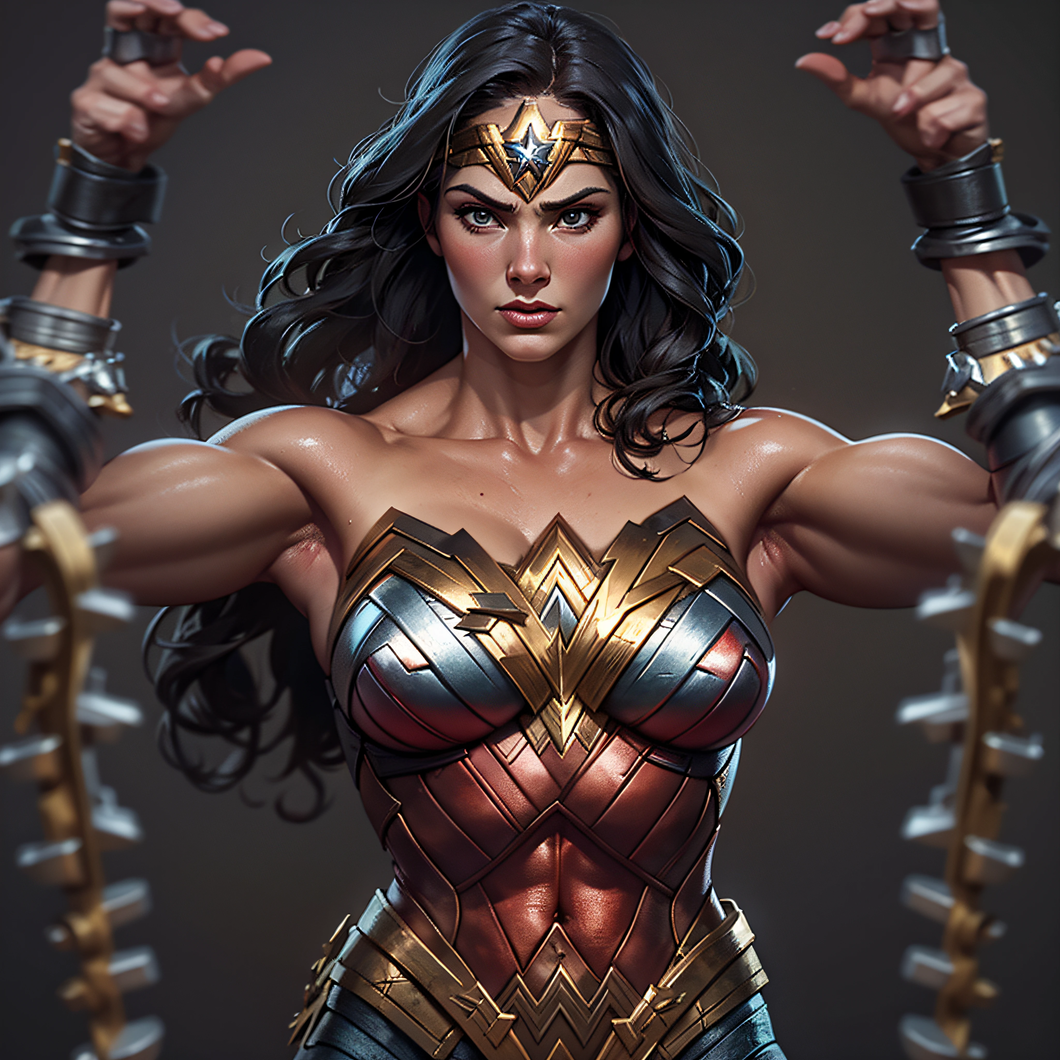 Wonder Woman, muscular athletic body. Bullets ricocheting off her bracelets. photo-realistic, octane render, unreal engine, ultra-realistic
