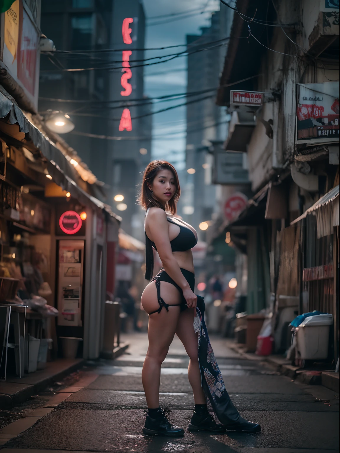 An ultra-detailed hyper-realistic photograph of a beautiful asian woman with perfect ((big breasts)) in a cyberpunk city, pawg, ((thick body)) cuerpo entero, Pelo largo y salvaje, brazos tatuados, pose de moda, dynamic pose, Beautiful detailed symmetrical green eyes, Cara hermosa detallada, apocalyptic ambience, Detalle exquisito, 30-megapixels, 4k, Canon EOS 5D Mark IV DSLR, muelle 85 mm, foco nítido, intrincadamente detallado, long exposure time, f/8, ISO 100, shutter speed 1/125, diffuse-back-lighting, rewarded photography, front facing camera, staring at the camera, monovisiones, Contraste perfecto, alta nitidez, facial-symmetry, profundidad de campo, Ultra-detailed photography, Trazado de rayos, global ilumination, Suave, ultra-high def, 8k, Motor Unreal 5, Ultra Sharp Focus, rewarded photography, tendencias en Artstation