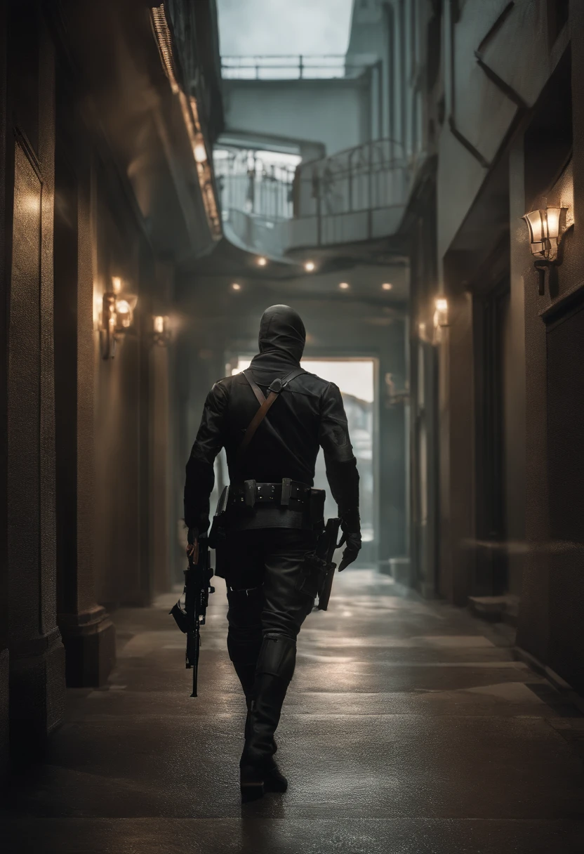 Im Flur steht ein Mann mit Maske und Waffe, Bank Robbery Movie, Stealth-Anzug, 3D gerenderte Charaktergrafik 8 K, Cyberpunk Straßenschläger, Bank Robbery Movie, Vanguard Teen Assassin, Sicherheitsbeauftragter, Jetstream Sam von Metal Gear Solid, Bankraub, Metal Gear solider Stil, Badass Anime 8 K, Hintergrund des Spiels Resident Evil, Videospiel-Charaktere, Geld rauben
