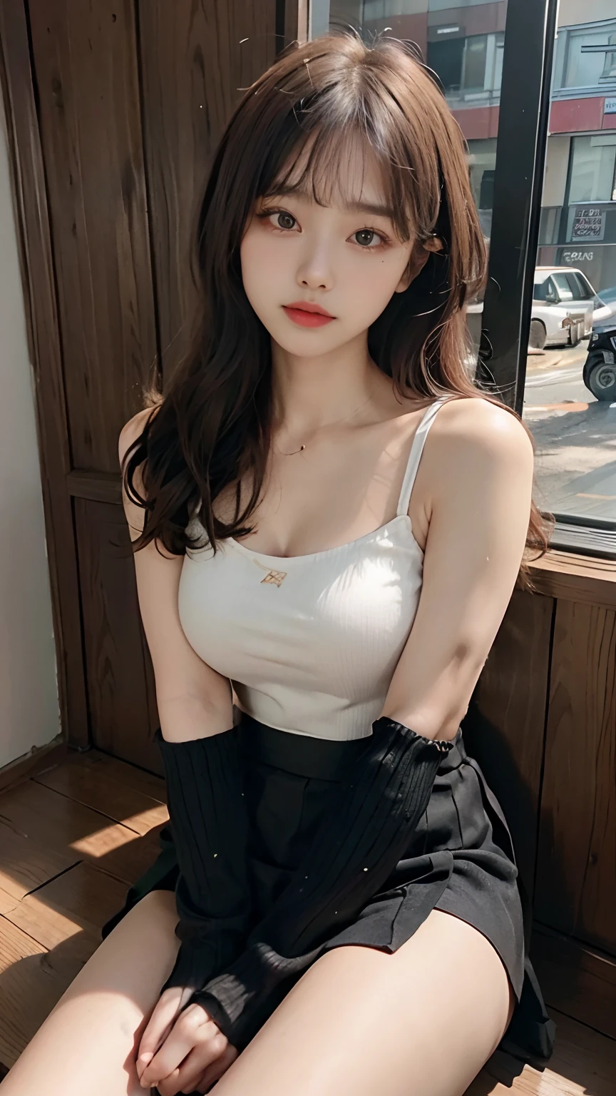 Best quality,ultra - detailed,actual,A high resolution,sporty attire,Big breasts are beautiful的女人, ‎Classroom, classroom desk, 坐在classroom desk上,suns rays,Big breasts are beautiful,Exquisite,Amazing Cleavage,