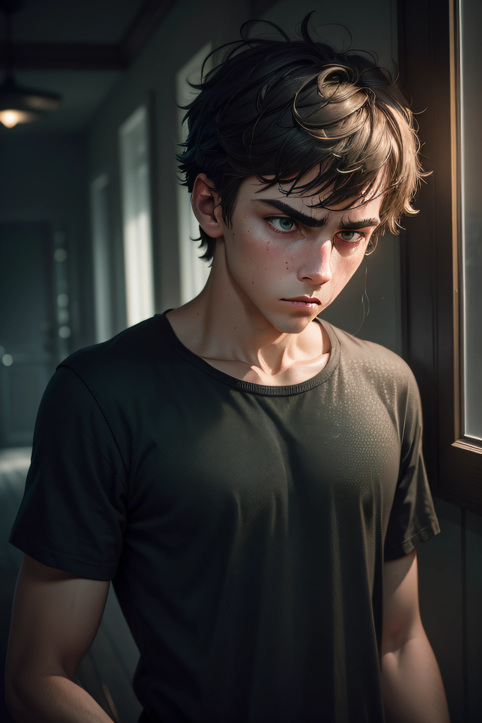 (sharp focus:1.2), an award-winning shot of a deep depressed casual boy teenager, thunderstorm outside, dull backlighting, extremely detailed skin, extreme sadness, hopelessness, visible mental illness, bleary eyes, (deep shadows:1.1), high contrast, beautiful vibrant green eyes, brown hair, black shirt, absurd, 8k, (high quality: 1.3), artstation hd, concept art, detailed sad face and body, award winning photography, (moody lighting:1.2), depth of field , bokeh, 4K, HDR