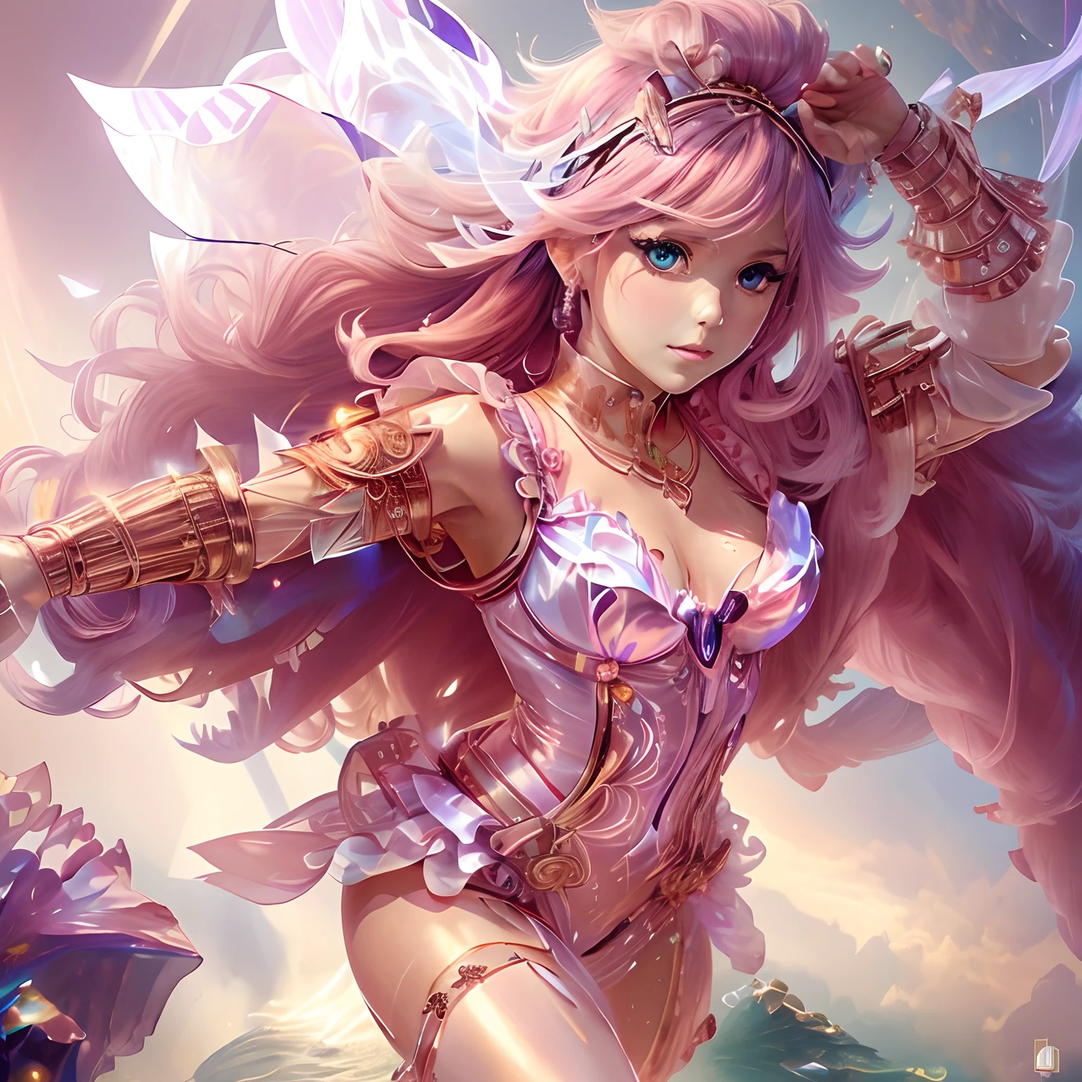 ((Full body ))dynamic lighting hyperdetailed intricately detailed Splash art, Unreal Engine((by a green glowing caterpillar)) Is a girl with blue eyes, black long hair, short twin pontails sticks out at the side of head tied with long thin pink ribbons, wearing a cute white leather romper with a silver zip to the front and a pocket on the right attached to a pink button to the front,
