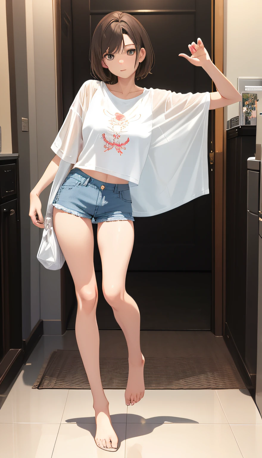 (In the daytime, Need, 8K, tmasterpiece:1.3)), full bodyesbian, Long legs, Focalors:1.2, perfect figure beautiful woman:1.4, Skinny legs,Thin waist,Slim abs:1.1, ((Dark brown hair, huge tit:1.2 )), (white tight t-shirt, Exposed underwear, standing on your feet:1.2), ((城市, with blue sky and white clouds:1.3)), Highly detailed facial and skin texture, A detailed eye, 二重まぶた,Flying long hair