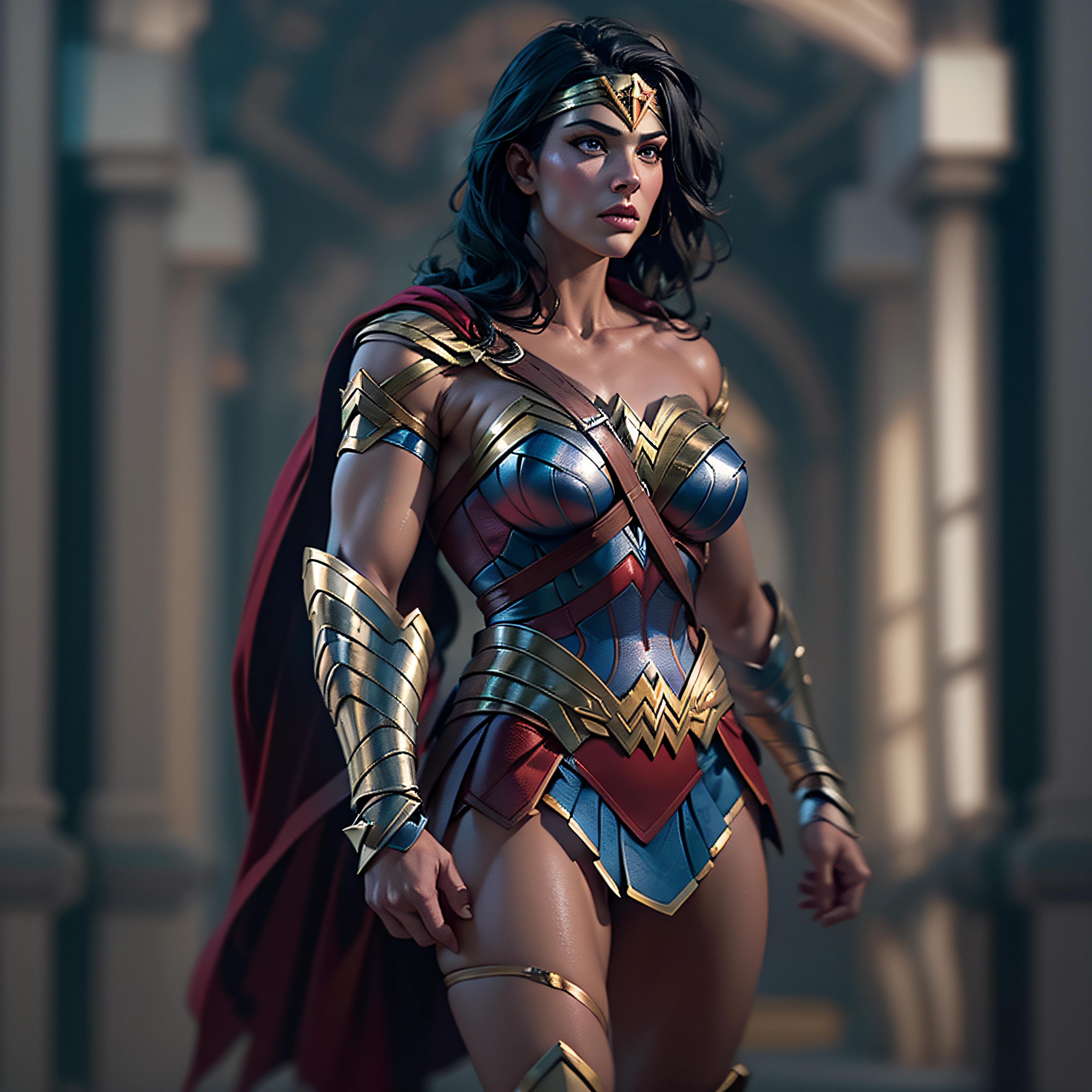 Gladiator fighter Wonder Woman, intricate, hypermaximalist, elegant, hyper realistic, zoom out to full body show handsome caucasion man's face no wings --no mask, epic high details,full details,high resolution,dynamic slightblue lighting,rendering,realism,Photo-realistic, ultra realistic, octane render, unreal engine, hyper detailed, volumetric lighting, 8k reality, cinematic