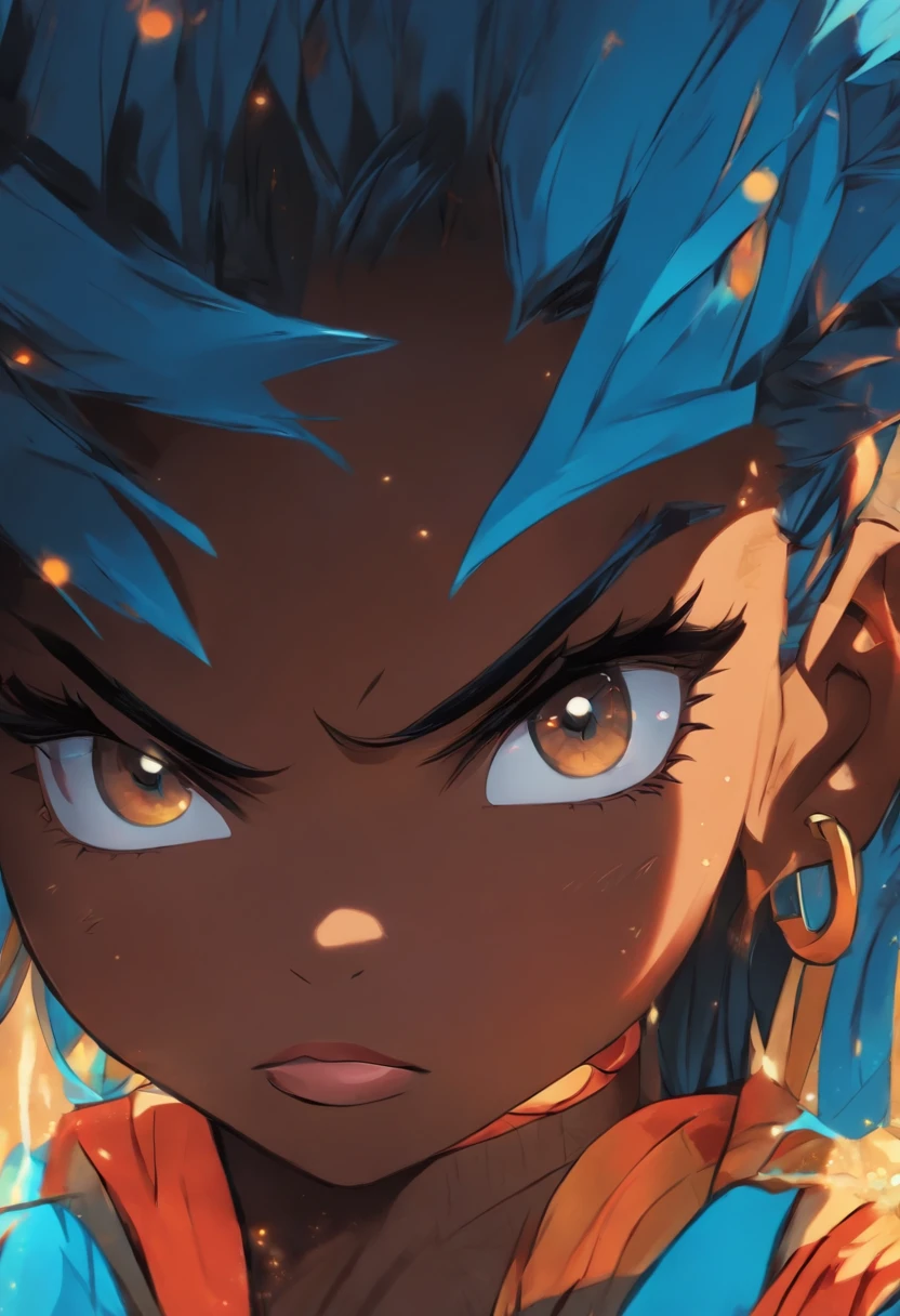 15 year old girl, dark skin, blue hair, brown eyes, anime,(African),(Masterpiece), (best quality), ((super-detailed)), (illustration), (realistic:0.5),(ultra-detailed face), , (flat color:0.8),(retro color styles ),(pop art style), head turner, cinematic,,niji style