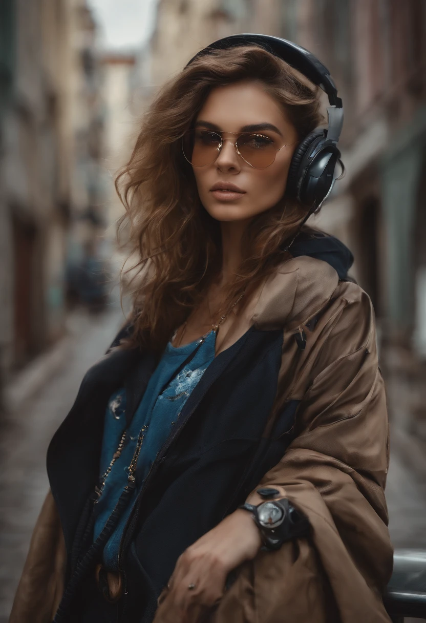 Perfect centralization, Um gatinho bonito por toda parte, Use uma jaqueta de estudante, wearing sunglasses, Usando fones de ouvido, Standing position, beleza abstrata, Centrado, looking at the camera, Facing the camera, nearing perfection, Dynamic, luar, altamente detalhado, pintura digital, art stations, Conceito-Arte, liso, foco nítido, 8k, high-definition resolution, illustration, arte de Carne Griffiths e Wadim Kashin, fundo branco