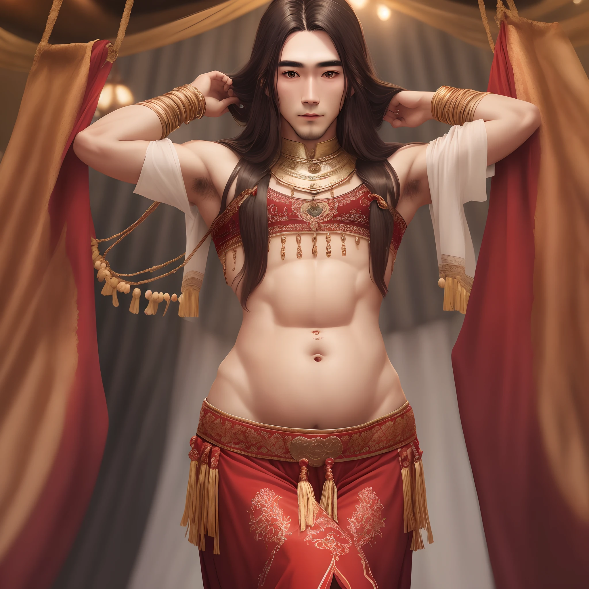 Red man with long hair and thin waist wearing belly dancing clothes