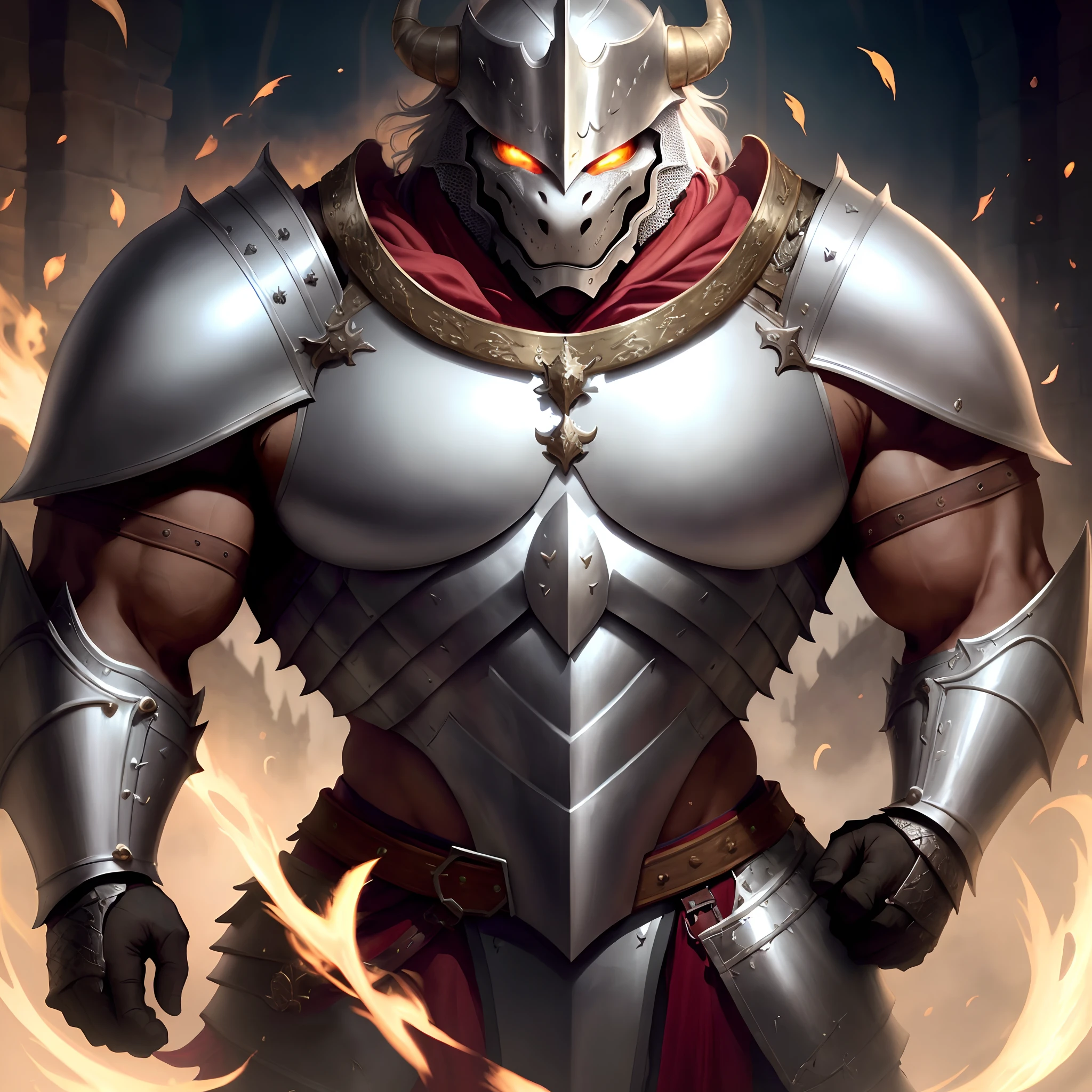 Dragon Anthro mussced in medieval armor with a helmet y with huge arms , Huge torso , Huge pectorals ,