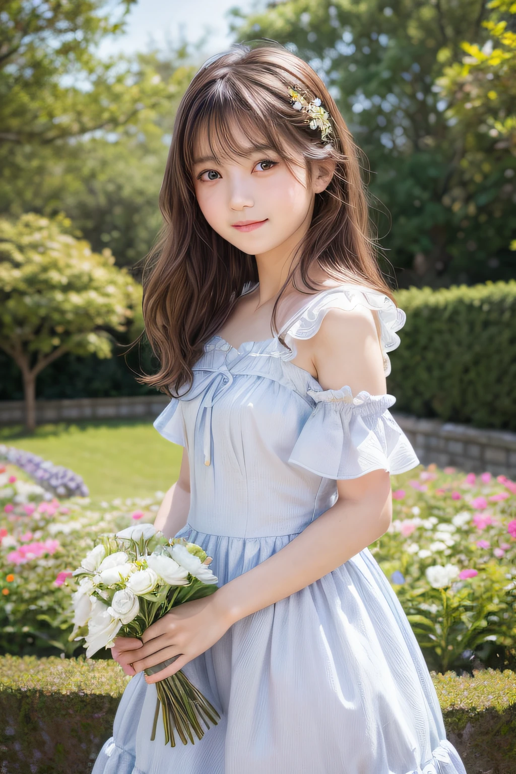 1girl, white dress, off shoulders, close-up-view, intricate details, sharp focus, high resolution, the background of beautiful flower park with trees and canals, beautiful sunny day,