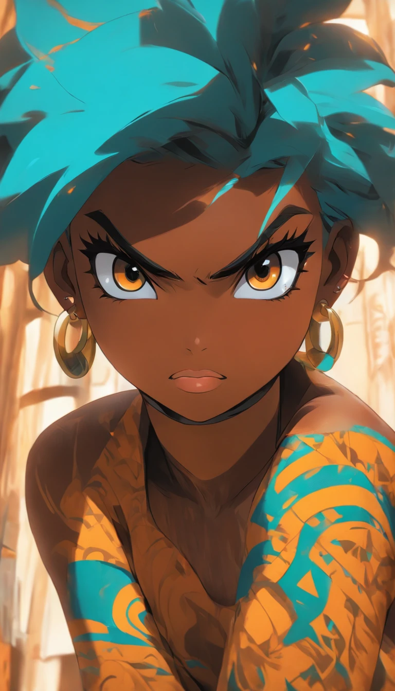 girl, dark skin, blue hair, brown eyes, anime,(African),full body view,(Masterpiece), (best quality), ((super-detailed)), (illustration), (realistic:0.5),(ultra-detailed face), , (flat color:0.8),(retro color styles ),(pop art style), head turner, cinematic,,niji style
