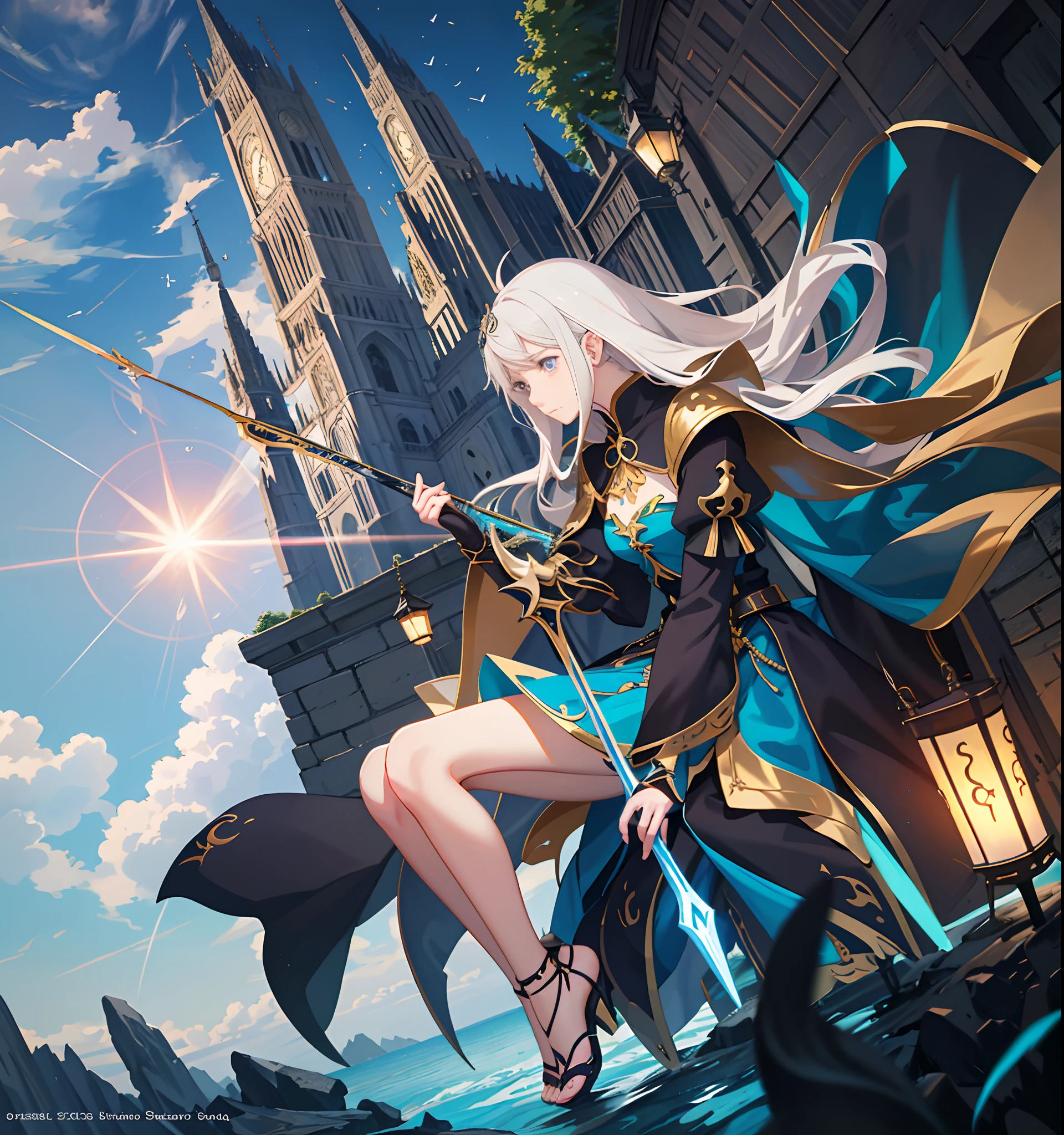 Hay un dibujo de una mujer sosteniendo una espada gigante celestal amarilla, Inspirado por Amano, inspirado por Li Chevalier, Arte Zerochan, sostiene una espada negra, Dark Cloud 2 art style, Ganador del concurso Pixiv, con espada grande, nge dark fantasy, anime in fantasy style, Drakengard, Arte de anime limpio y detallado, Boceto coloreado de alta calidad
