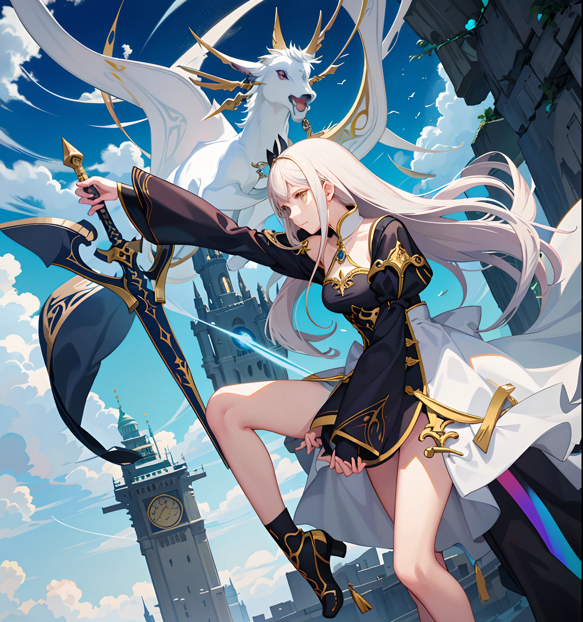 Hay un dibujo de una mujer sosteniendo una espada gigante celestal amarilla, Inspirado por Amano, inspirado por Li Chevalier, Arte Zerochan, sostiene una espada negra, Dark Cloud 2 art style, Ganador del concurso Pixiv, con espada grande, nge dark fantasy, anime in fantasy style, Drakengard, Arte de anime limpio y detallado, Boceto coloreado de alta calidad