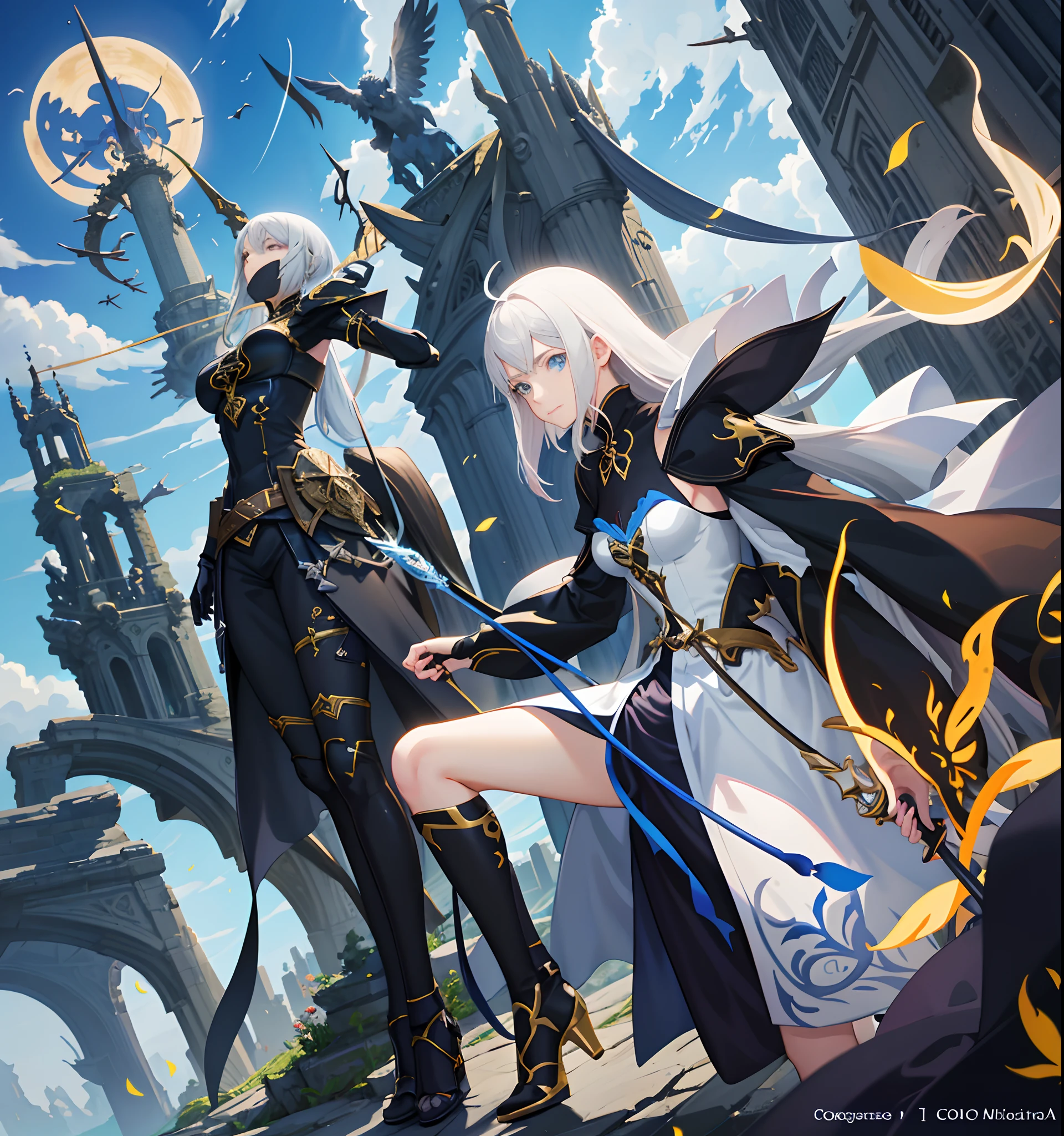 Hay un dibujo de una mujer sosteniendo una espada gigante celestal amarilla, Inspirado por Amano, inspirado por Li Chevalier, Arte Zerochan, sostiene una espada negra, Dark Cloud 2 art style, Ganador del concurso Pixiv, con espada grande, nge dark fantasy, anime in fantasy style, Drakengard, Arte de anime limpio y detallado, Boceto coloreado de alta calidad