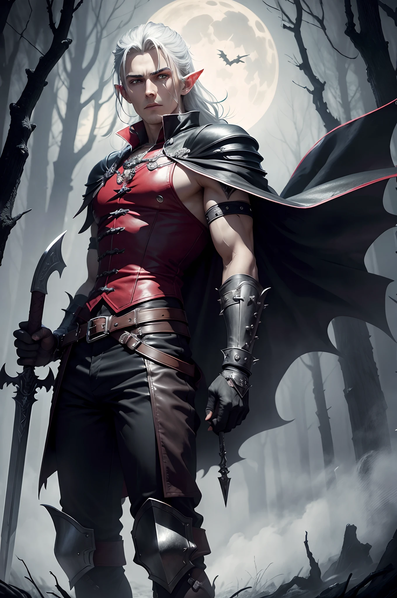 (high-res, ultra-detailed), elf male with a sword in his hand, wearing a red shirt, a black leather vest, a set of silver spiked bracelets and pauldrons, black cape, a black glove on the right hand, wielding a longsword, brown pants and leather boots,  Castlevania character, RPG character, dark cloud 2 art style, male vampire, Dracula inspired, eerie moonlight, haunting dark forest landscape, misty atmosphere, intense facial expression