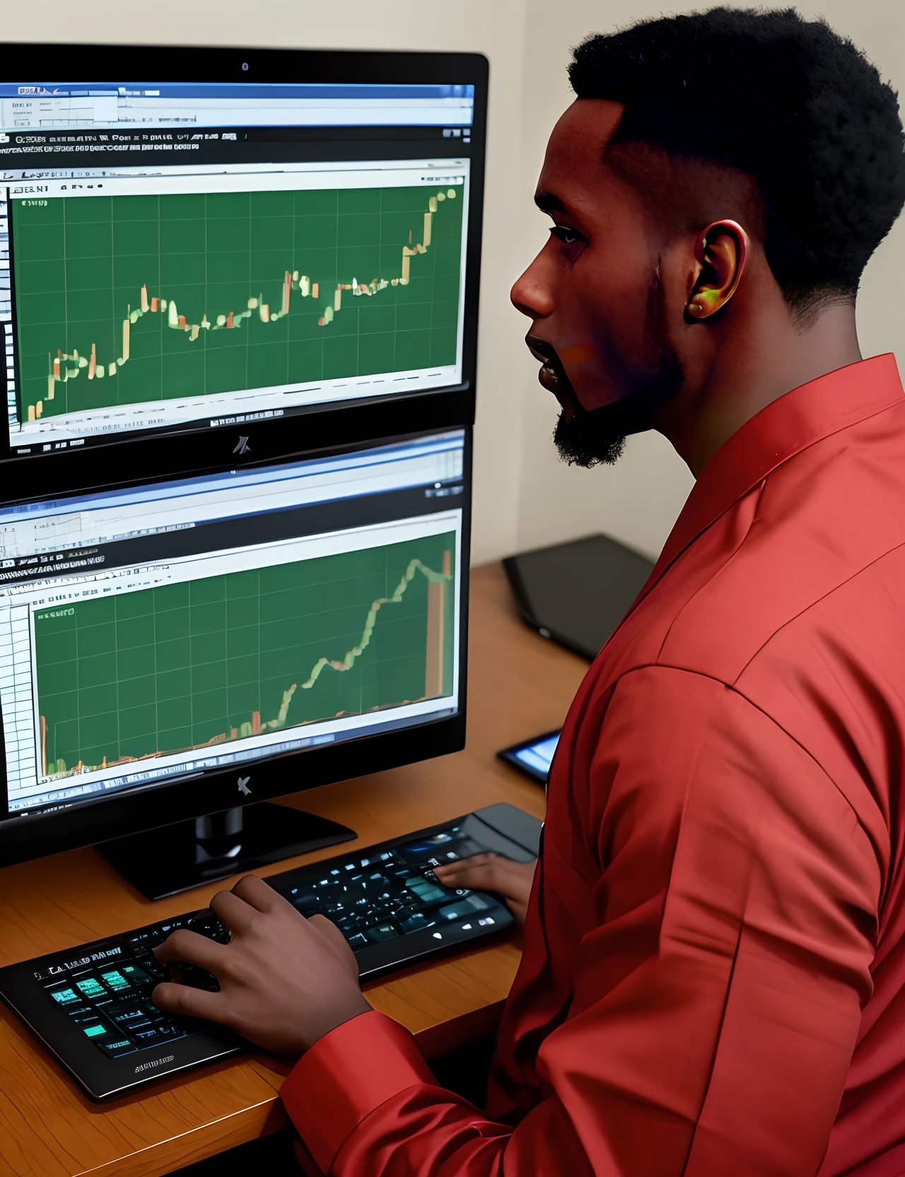 Ethiopian man watching forex trading chart on computer wearing traditional clothes