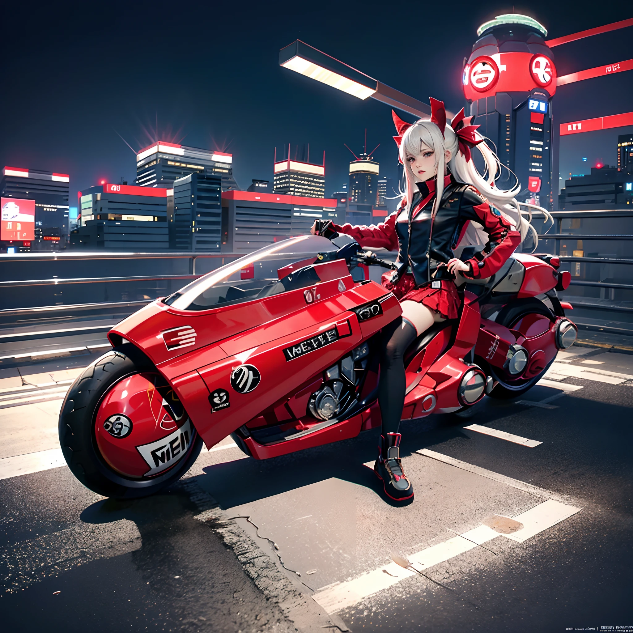 official art, unity 8k wallpaper, ultra detailed, beautiful and aesthetic, masterpiece, best quality, realistic, horns, blush, long hair, white hair, streaked hair, red eyes, hair bow, mole under eye,  red akirabike, riding bike, night, cyberpunk city view, epic screen, school uniform,