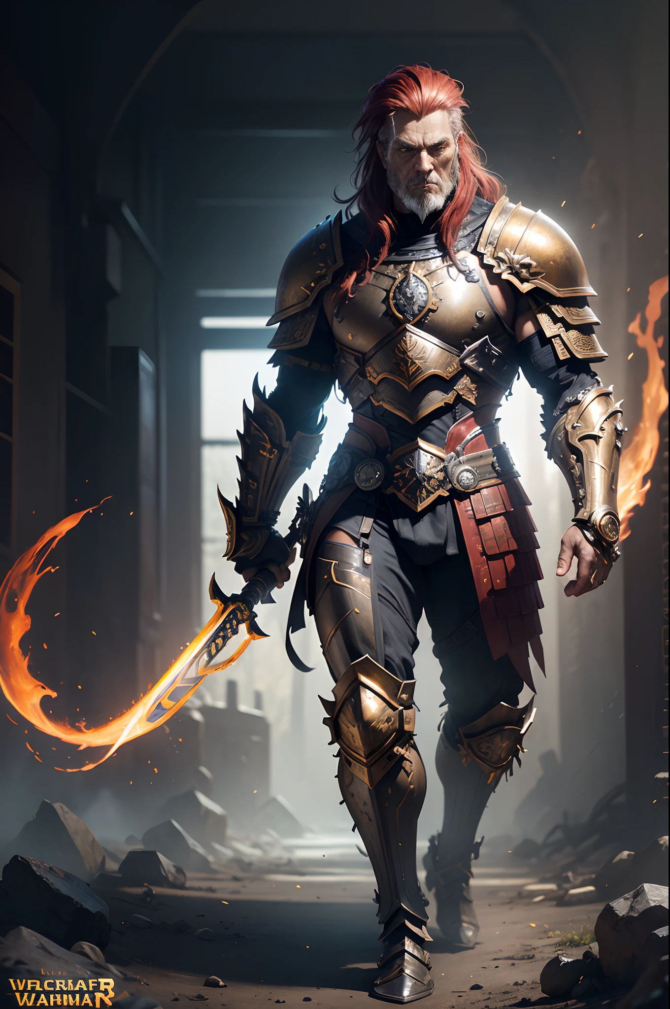 A (full body:1.3) shot at 8k resolution, splash art, fantastic comic book style, photorealistic, intense look, anatomical photorealistic digital painting portrait of a (old male:1.3) human (warrior:1.3) in black and gold intricate (heavy armor:1.3) with red hair in a (dark and moody universe:1.3), light particle, very detailed skin,samurai, very detailed eyes, (elden ring style:1.1), (warhammer style:1.3), concept artist, global illumination, depth of field, splash art, art by artgerm and greg rutkowski and viktoria gavrilenko