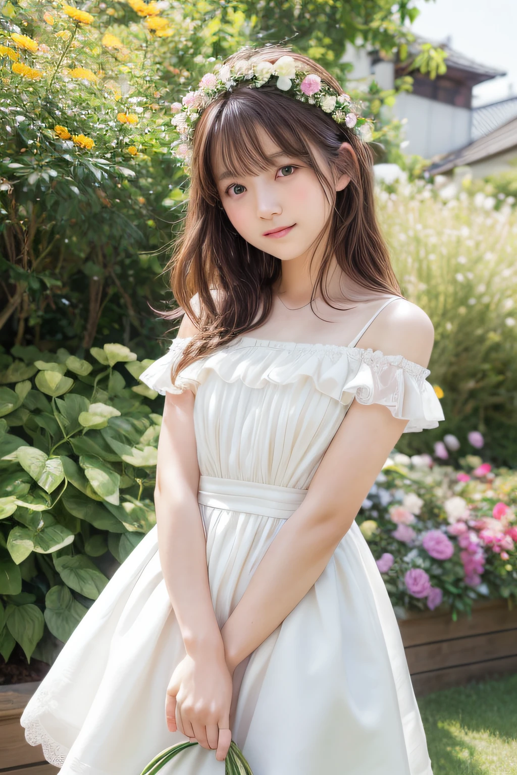 Top image quality、8K、masterpiece:1.3))、Realistic high-quality photos、top-quality、girl cute-fine face、 beautiful Japan girl、Photo of slim little girl iful girl model、young japanese girl、Young cute face、japanaese girl、13-year-old female model、Beautiful Model Girl、The innocent look of the girl next door、lovely delicate face、Brown hair、Beautiful brown eyes、Tear bag、drooing eyes、young body、Girl standing in beautiful flowery garden、A slight smile、She has a large bouquet、Cute wedding dress with ruffles with protruding shoulders、Hair fluttering in the wind