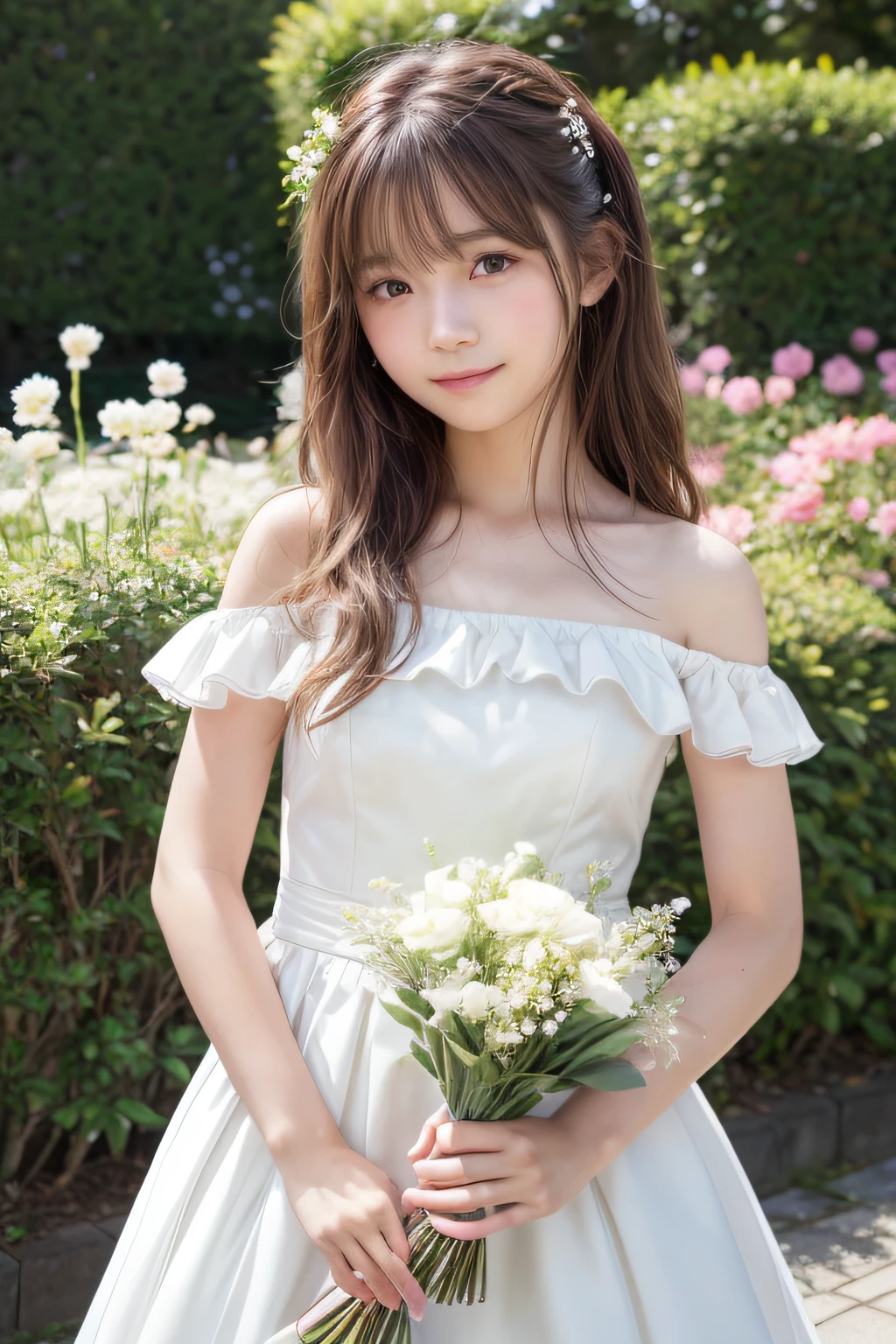 Top image quality、8K、masterpiece:1.3))、Realistic high-quality photos、top-quality、girl cute-fine face、13 years old beautiful Japan girl、Photo of slim little girl model、Beautiful girl model、young japanese girl、Young cute face、japanaese girl、13-year-old female model、Beautiful Model Girl、The innocent look of the girl next door、lovely delicate face、Brown hair、Beautiful brown eyes、Tear bag、drooing eyes、young body、Girl standing in beautiful flowery garden、A slight smile、She has a large bouquet、Cute wedding dress with ruffles with protruding shoulders、Hair fluttering in the wind
