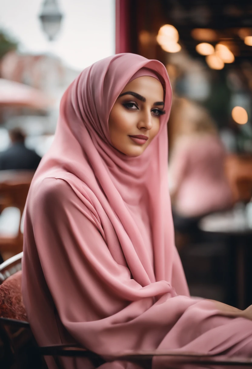 Woman in hijab. Wearing pink color skin lose clothing. Clothing so pretty suits her a lot sittinng in a cafe