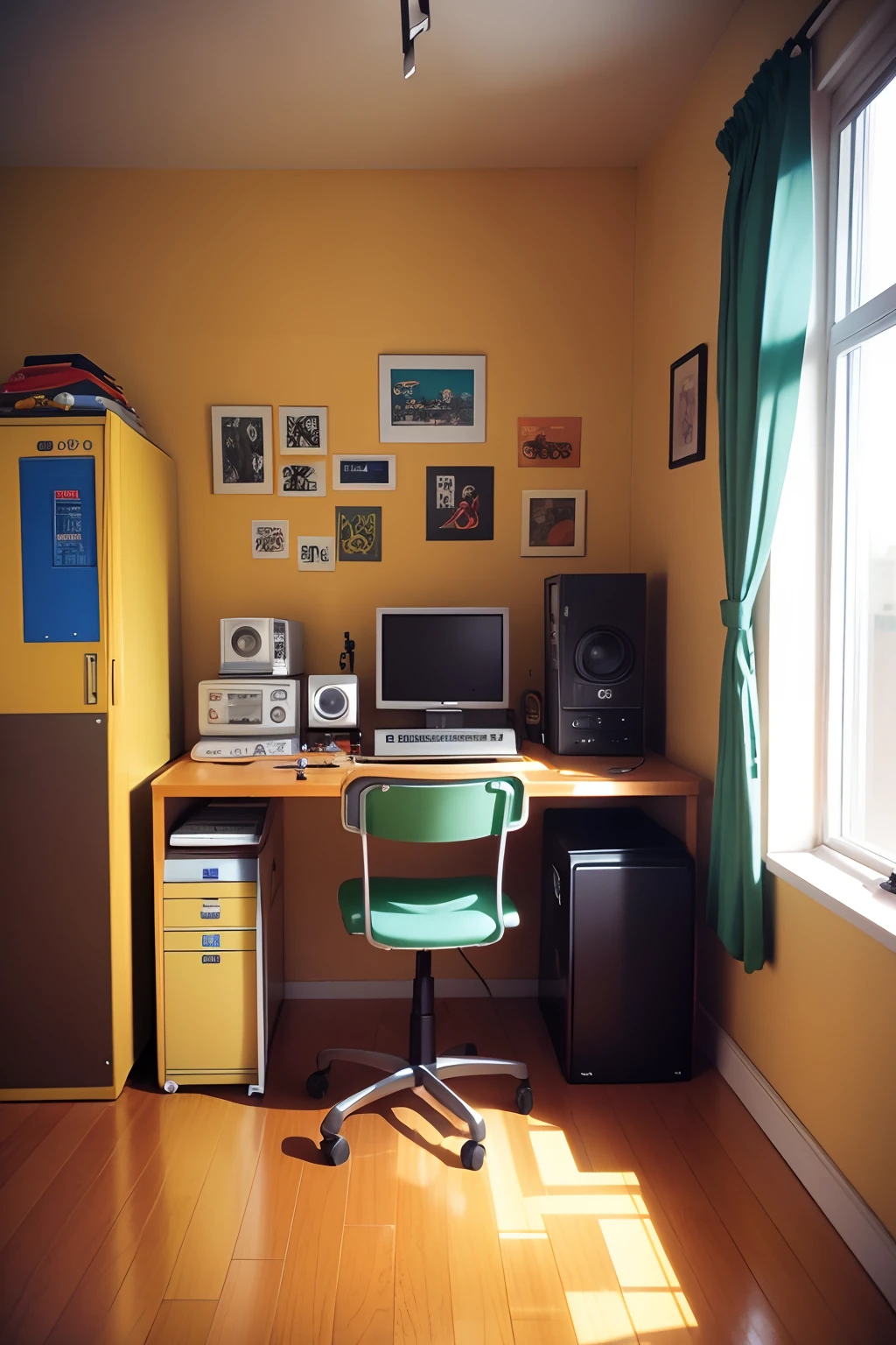 quarto decorado com elementos dos anos 2000, as posters of bands of the time, brinquedos vintage e um computador antigo.