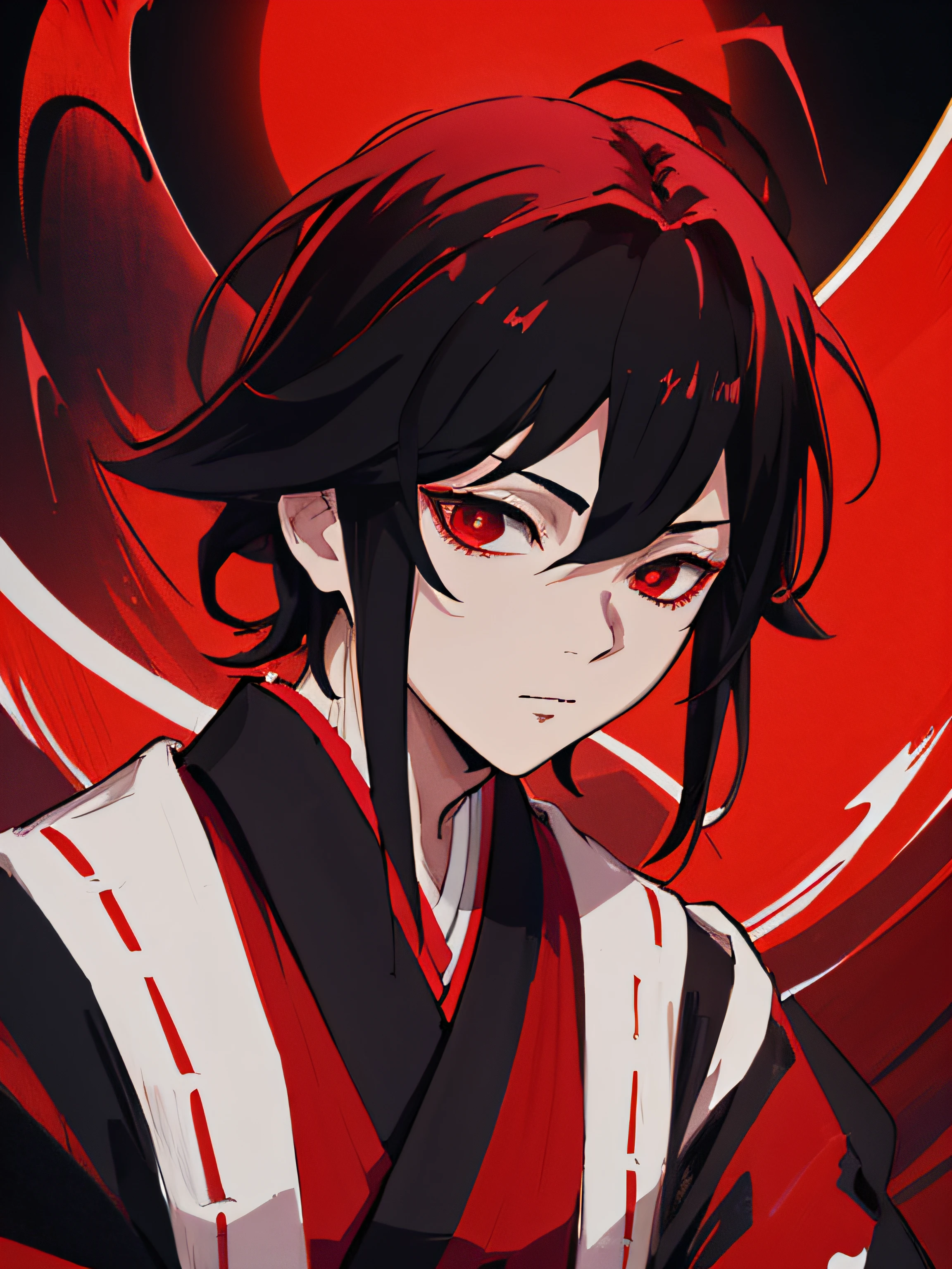 tmasterpiece, beste-Qualit, 独奏, 1boy, Vermilion hair, , dark kimono, upper-body, portraite of a, bloods, black detailed hair,