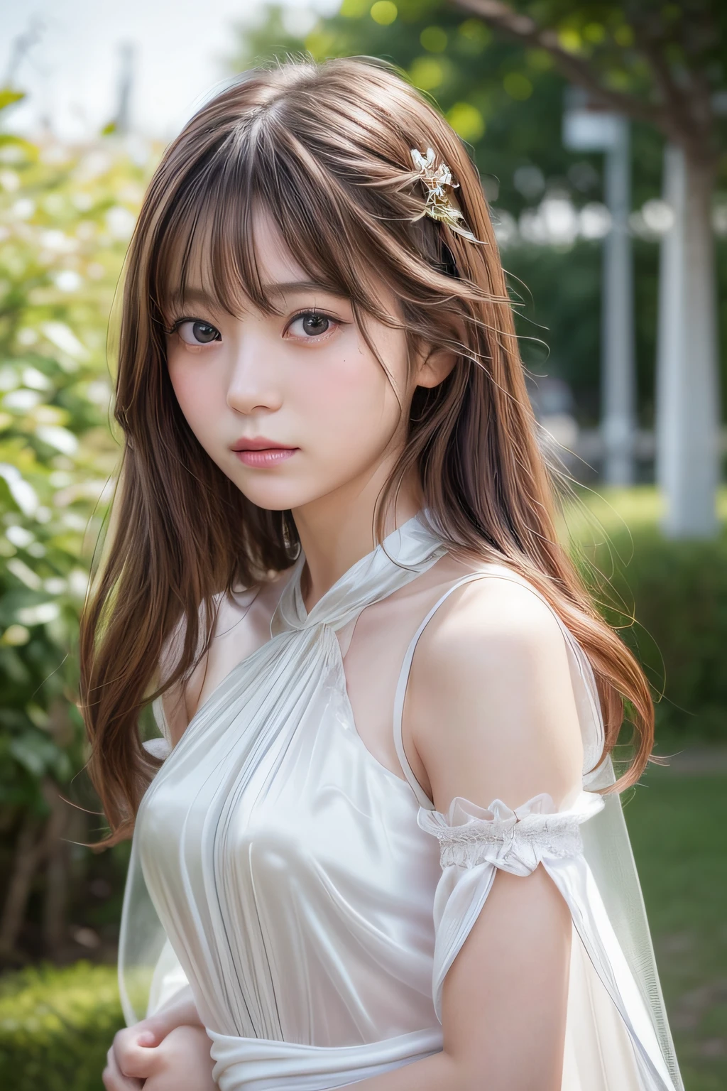 Top image quality、8K、masterpiece:1.3))、Realistic high-quality photos、top-quality、girl cute-fine face、 beautiful Japan girl、Photo of slim little girl Beautiful girl model、young japanese girl、Young cute face、japanaese girl、13-year-old femaleodeautifModel Girl、The innocent look of the girl next door、lovely delicate face、Brown hair、Beautiful brown eyes、Tear bag、drooing eyes、young body、((beautiful fantasy queen)), ethereal beauty, beautiful fantasy queen, 8K high-quality detail art, beautiful fantasy anime, ethereal fantasy, beautiful young wind spirit, guweiz, CGstation Trend ((Premium Silk Transparent))