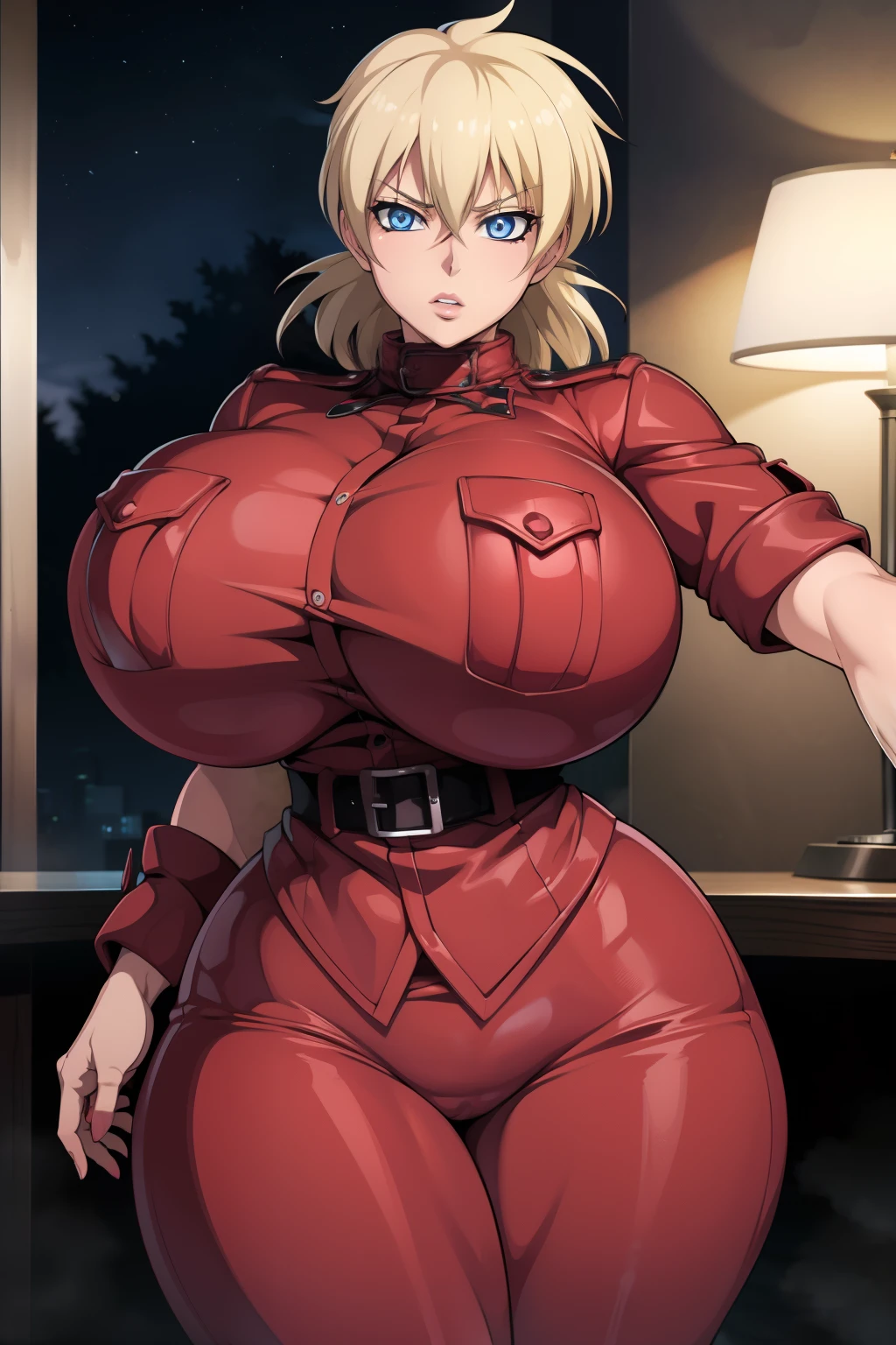 Hellsing Ultimate, Seras Victoria, 1girl, ((bimbo))), spikey blond hair, Blue eyes, puffy lips, thick lips, wide hips, thick thighs, enormous round breast, huge ass, oily shiny skin, breasts squeezed together, police uniform, posing, night time