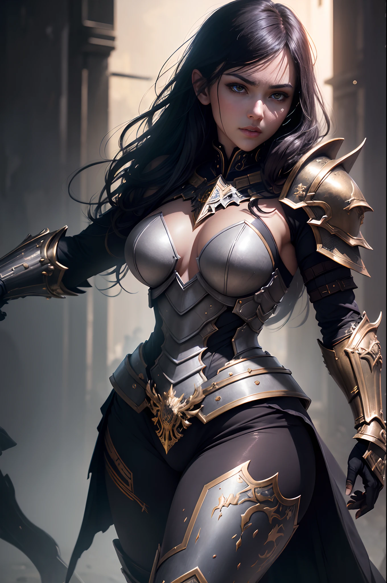 In 8K resolution(full bodyesbian:1.3)shots、splashart、Fantastic comic book style、Photorealistic and intense look、Anatomical photorealistic digital painting(Adult male:1.3)Human portrait(AS-Adult:1.3)Black and gold complex(heavily armored:1.3)with  the(Dark and moody universe:1.3)、light particules、highlydetailed skin、samurais、extremely detailed eye、 (Elden Ring-style:1.1)、(warhammer style:1.3)、Concept Artist、globalillumination、depth of fields、splashart、Art by Artgerm and Greg Rutkowski and Viktoria Gavrilenko