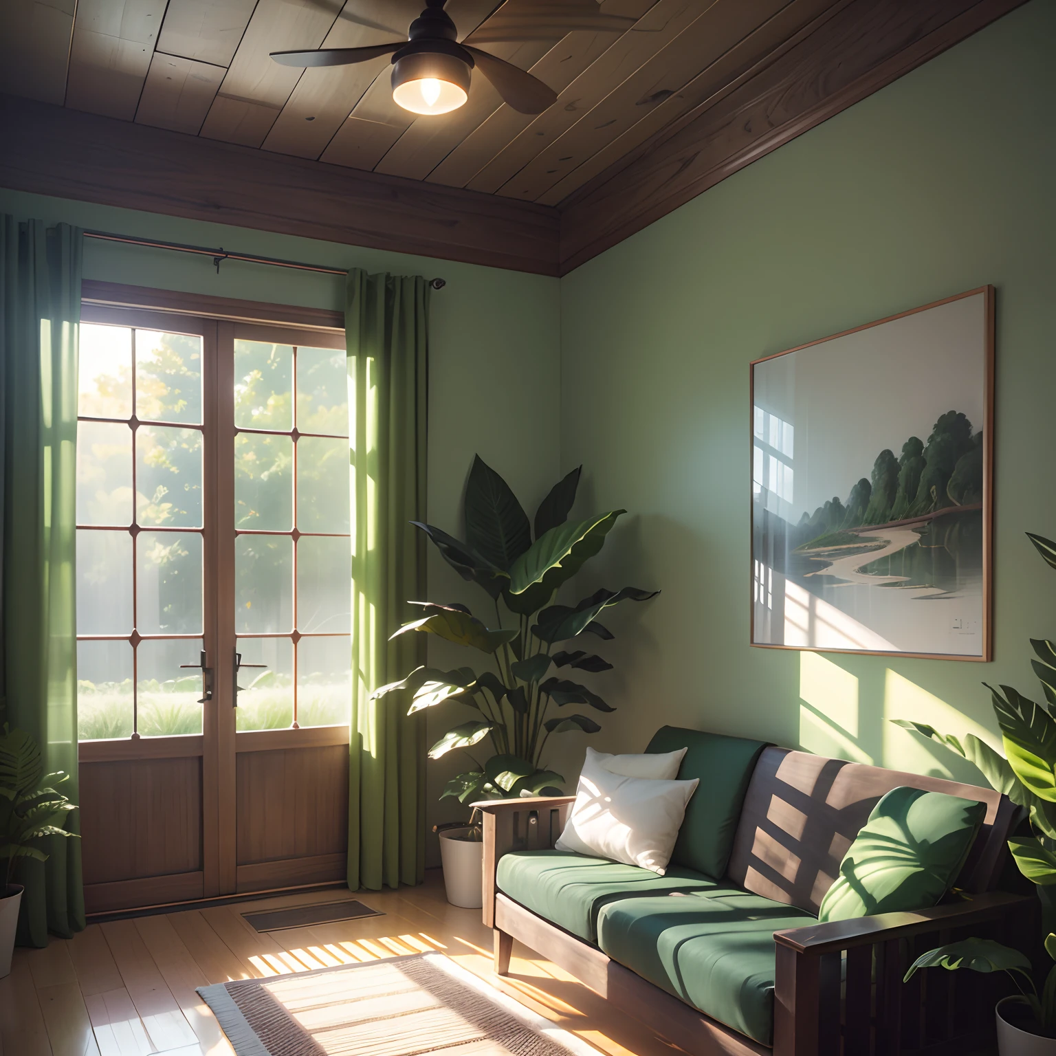 nature, green, warm, harmony, freshness, peace, tranquility, comfort, natural light, slender, home, home décor, quiet, warm, harmony, fern, lovely, indoor landscape, monstera, gradient light and shadow