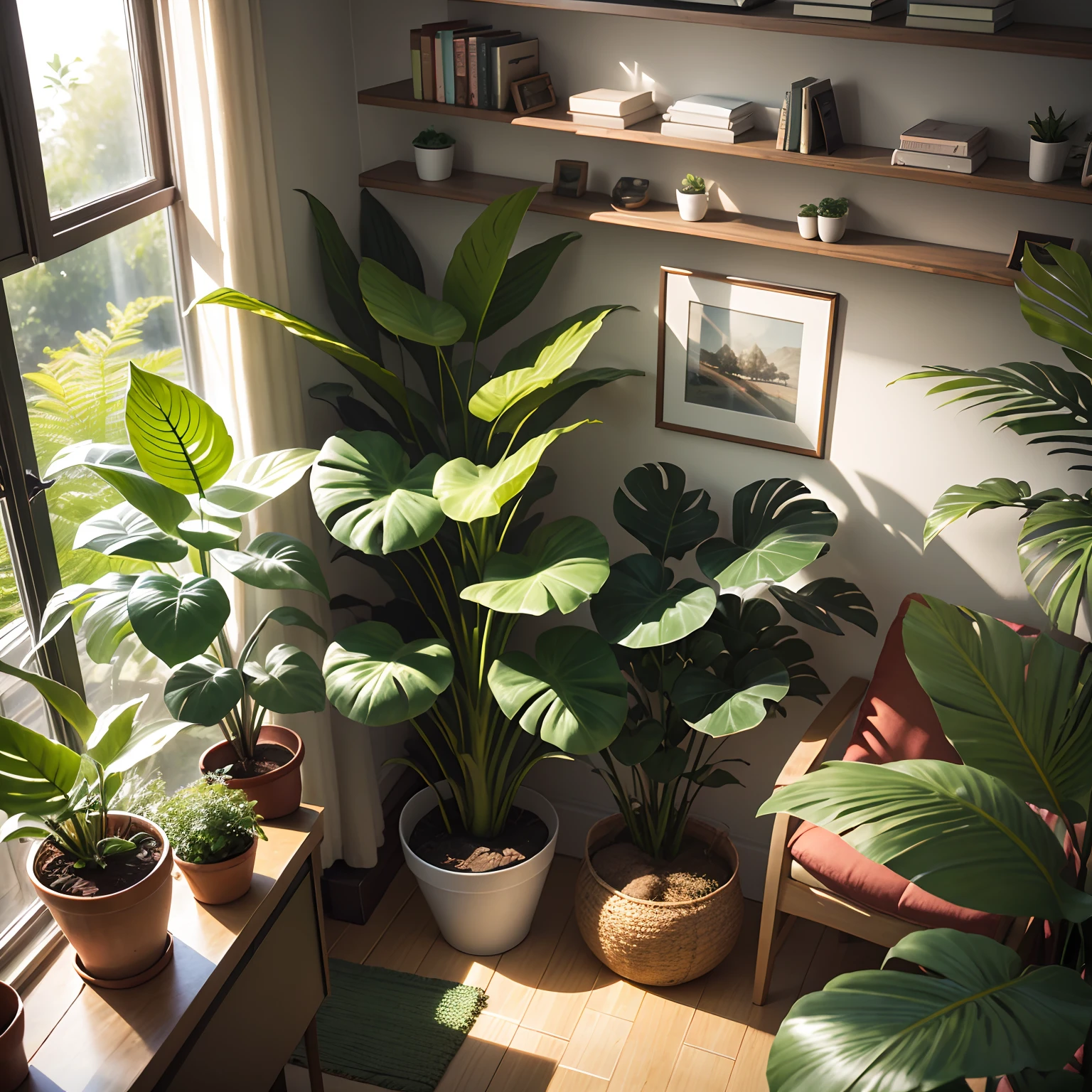 nature, green, warm, harmony, freshness, peace, tranquility, comfort, natural light, slender, home, home décor, quiet, warm, harmony, fern, lovely, indoor landscape, monstera, gradient light and shadow