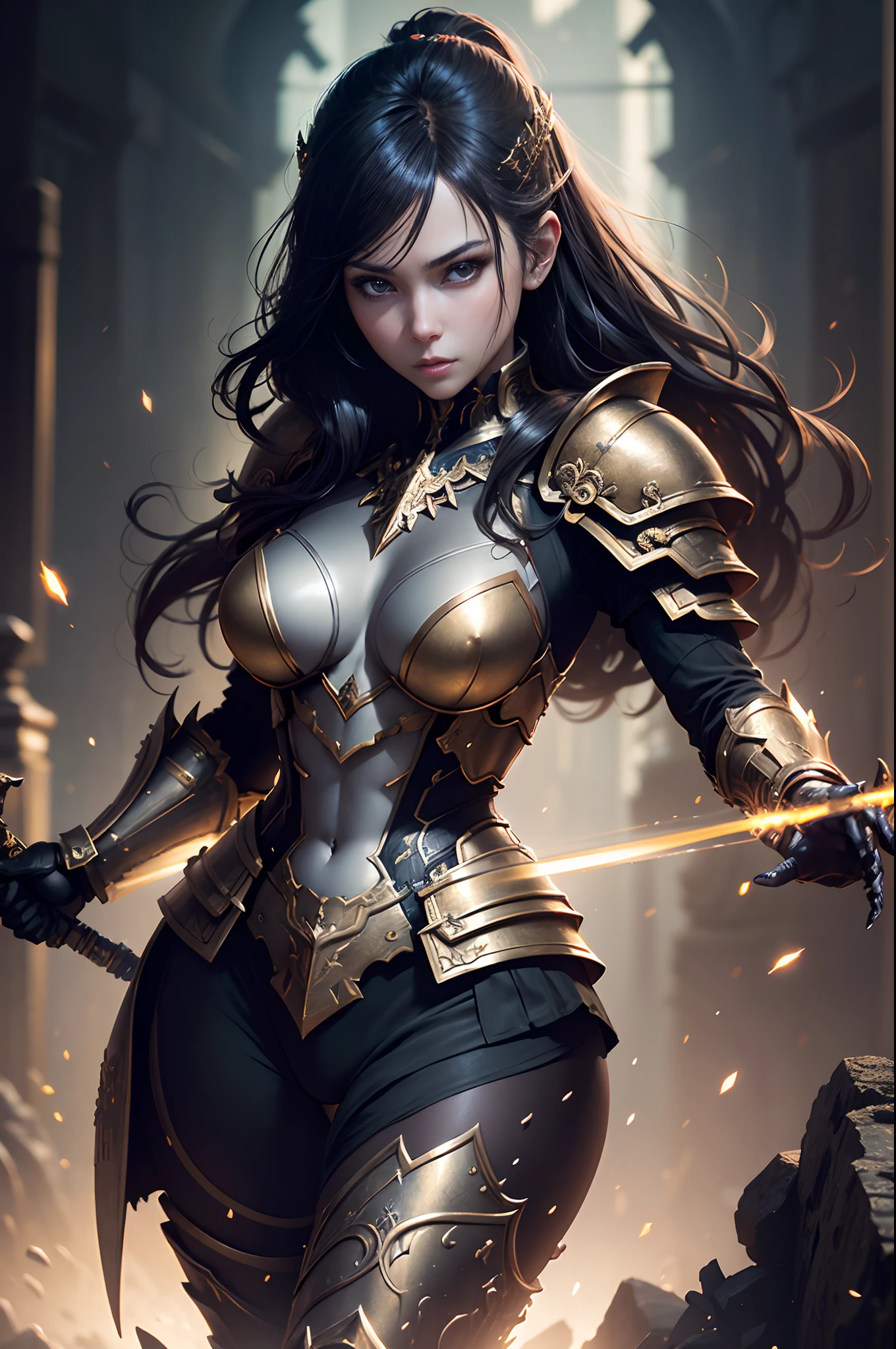 In 8K resolution(full bodyesbian:1.3)shots、splashart、Fantastic comic book style、Photorealistic and captivating look、Anatomical photorealistic digital painting(adult woman:1.3)Human portrait(AS-Adult:1.3)Black and gold complex(heavily armored:1.3)with the(Dark and moody universe:1.3)、light particules、highlydetailed skin、samurais、extremely detailed eye、 (Elden Ring-style:1.1)、(warhammer style:1.3)、Concept Artist、globalillumination、depth of fields、splashart、Art by Artgerm and Greg Rutkowski and Viktoria Gavrilenko