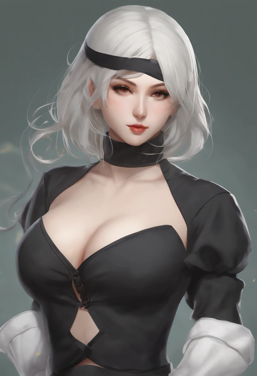 Yorha No. 2 Type B, 1girl in, wlop, (Blindfold), breasts, cleavage, cleavage cutout, Clothes Cutout, Green background, hair between eye, shairband, hight resolution, juliet sleeves, Long sleeves, Nier (Series), Nier Automata,  Puffy sleeves, Red lips, Shaded face, Short hair, Solo, turtle neck, Upper body, White hair, skyporn