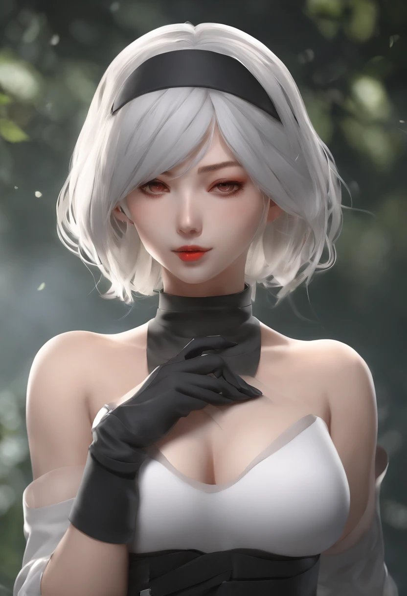 Yorha No. 2 Type B, 1girl in, wlop, (Blindfold), breasts, cleavage, cleavage cutout, Clothes Cutout, Green background, hair between eye, shairband, hight resolution, juliet sleeves, Long sleeves, Nier (Series), Nier Automata,  Puffy sleeves, Red lips, Shaded face, Short hair, Solo, turtle neck, Upper body, White hair, skyporn