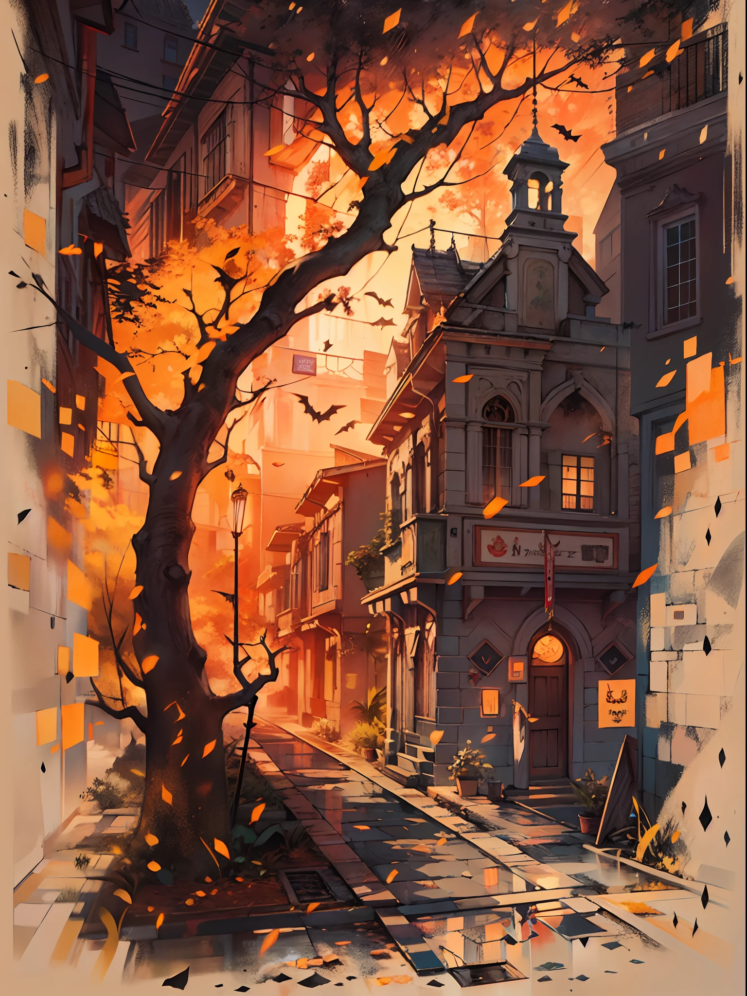 Silueta de un cazador en la ciudad de Yanan, transmitido por la sangre, ojos brillantes, T-shirt design, Dark Magic Splash, Gothic, halloween, degradado naranja quemado, magica, naturaleza, fondo limpio, Magic splash, arte vectorial 3D, fantasy art, Efecto acuarela, Bokeh, Adobe Illustrator, dibujado a mano, Pintura digital, Soft lighting, isometric style, retro aesthetic, 4k-resolution, usando Cinema 4D, natural  lighting, Kinematic, obra maestra, Altamente detallado, intrincado, textura extrema, horror, Terry Fassing, horripilante, asustadizo