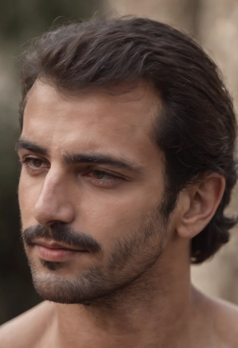 a close up of  face of syrian man, a slim body, handsome macho, shirtless, hairy chest, manly man, mustache 1980, manly