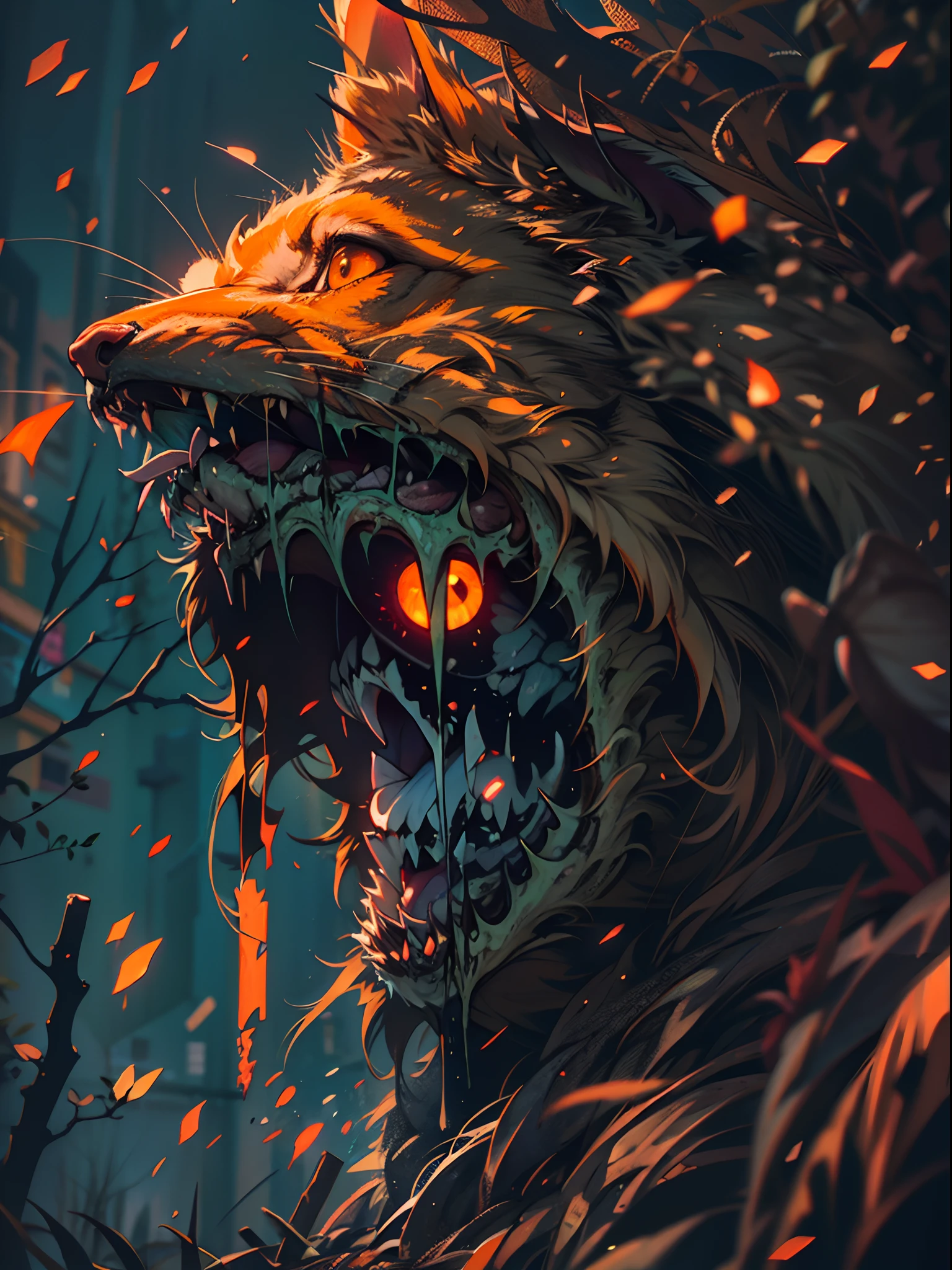 Silueta de un cazador en la ciudad de Yanan, transmitido por la sangre, ojos brillantes, T-shirt design, Dark Magic Splash, Gothic, halloween, degradado naranja quemado, magica, naturaleza, fondo limpio, Magic splash, arte vectorial 3D, fantasy art, Efecto acuarela, Bokeh, Adobe Illustrator, dibujado a mano, Pintura digital, Soft lighting, isometric style, retro aesthetic, 4k-resolution, usando Cinema 4D, natural lighting, Kinematic, obra maestra, Altamente detallado, intrincado, textura extrema, horror, Terry Fassing, horripilante, asustadizo