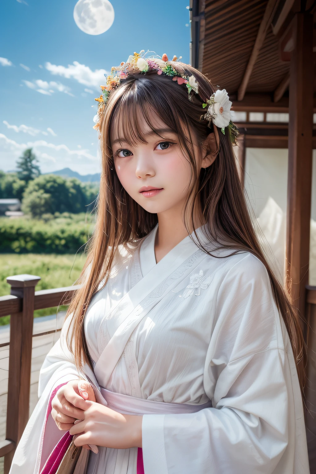 Top image quality、8K、​masterpiece：1.3))、Realistic high-quality photos、top-quality、girl cute-fine face、13 years old beautiful Japan girl、Photo of slim little girl model、Beautiful girl model、young japanese girl、Young cute face、japanaese girl、13-year-old female model、Beautiful Model Girl、The innocent look of the girl next door、lovely delicate face、Brown hair、Beautiful brown eyes、Tear bag、drooing eyes、young body、(fluttered detailed color splashs), (Illustration), (((1 girl))), (Long hair), (Rain:0.9), (Head dress: 1.4), There is an ancient palace next to the girl, Hanfu, (emphasis), Color Ink Painting, (splashed color), splashed color, (((Colorful))), (sketch: 0.8), masutepiece, Best Quality, beautiful painted, Highly detailed, (denoise:0.6), [Splash ink], ((Ink refraction)), (Beautiful detailed sky), Moon, highly, Detailed, (masutepiece, Best Quality, Extremely detailed) CG Unity 8K wallpaper, masutepiece, Best Quality, super detailed), (garlic), Holding a fan and a doll next to him