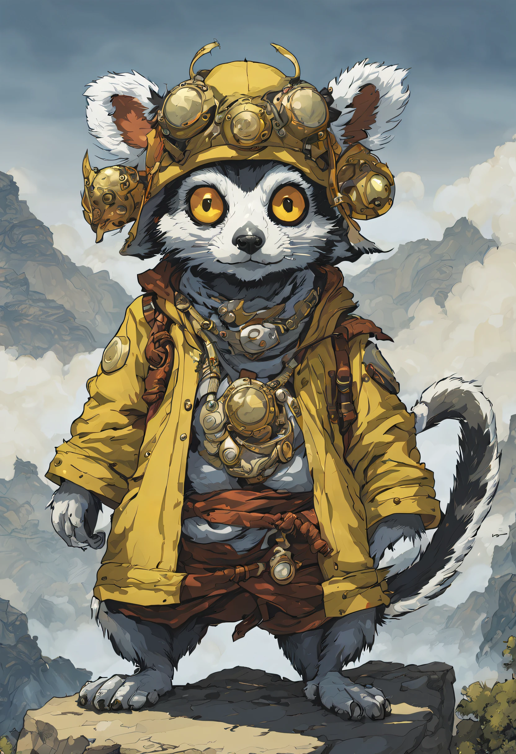 comics LEMUr shaman, by Katsuya Terada, HD, manga, toon avatar,shaman LEMUR, Katsuya Terada STYLE, POKEMON STYLE, LEMUR, YELLOW EYE, shamann, SNAKE skin ARMOR, SCALEs,LEMUR, YELLOW EYES, muppet, simple, stialized, chubby, , manga, contrast, full body dynamic poce, gear, goggles, hood, by Katsuya Terada, clean, compact, simple