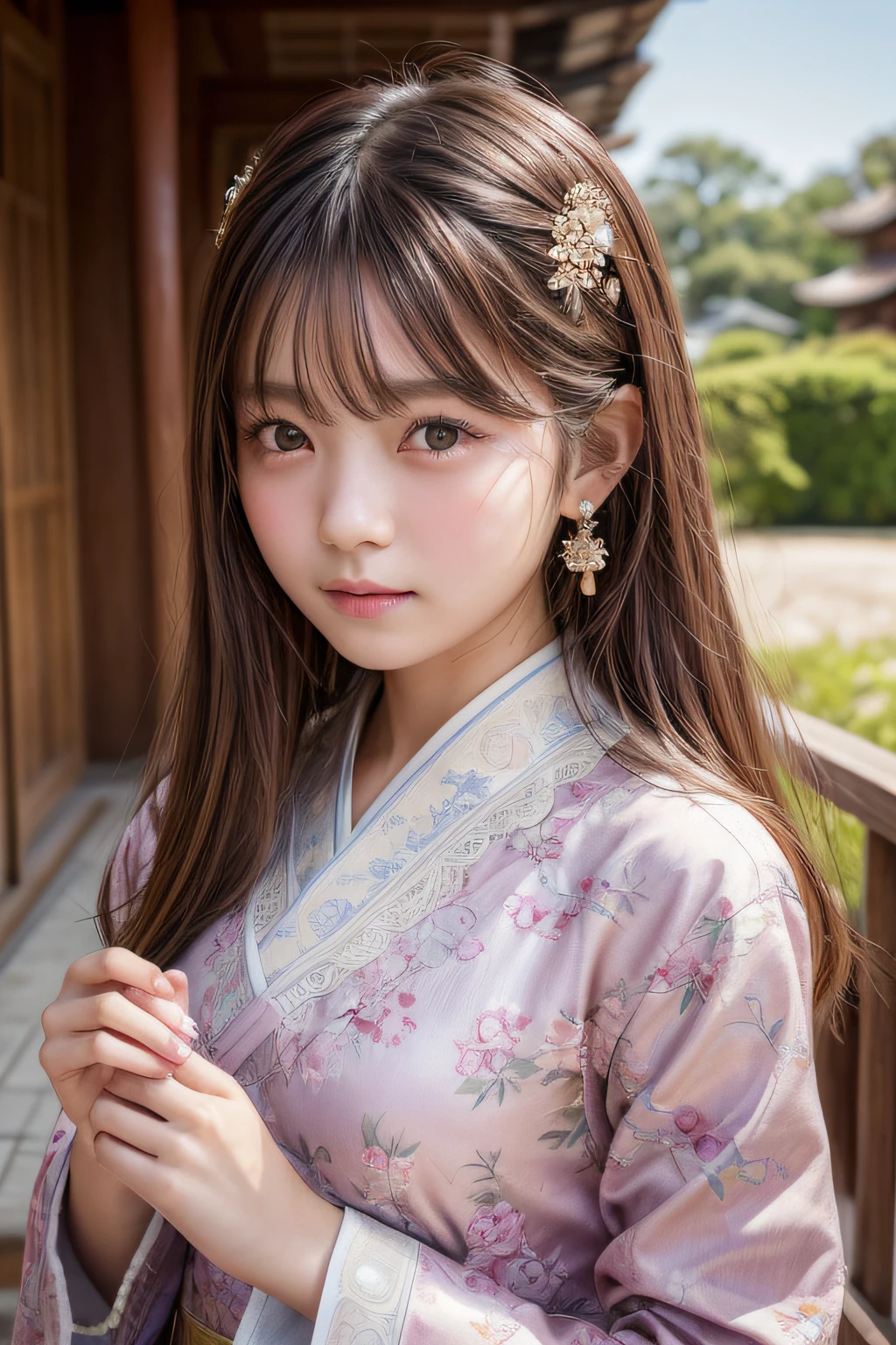 Top image quality、8K、masterpiece:1.3))、Realistic high-quality photos、top-quality、girl cute-fine face、 beautiful Japan girl、Photo of slim little girl Beautiful girl model、young japanese girl、Young cute face、japanaese girl、13-year-old femaleodeautifModel Girl、The innocent look of the girl next door、lovely delicate face、Brown hair、Beautiful brown eyes、Tear bag、drooing eyes、young body、(hair adornments:1.4)、There is an ancient palace next to the girl、chinese clothes、(Focus)、Color Ink Painting
